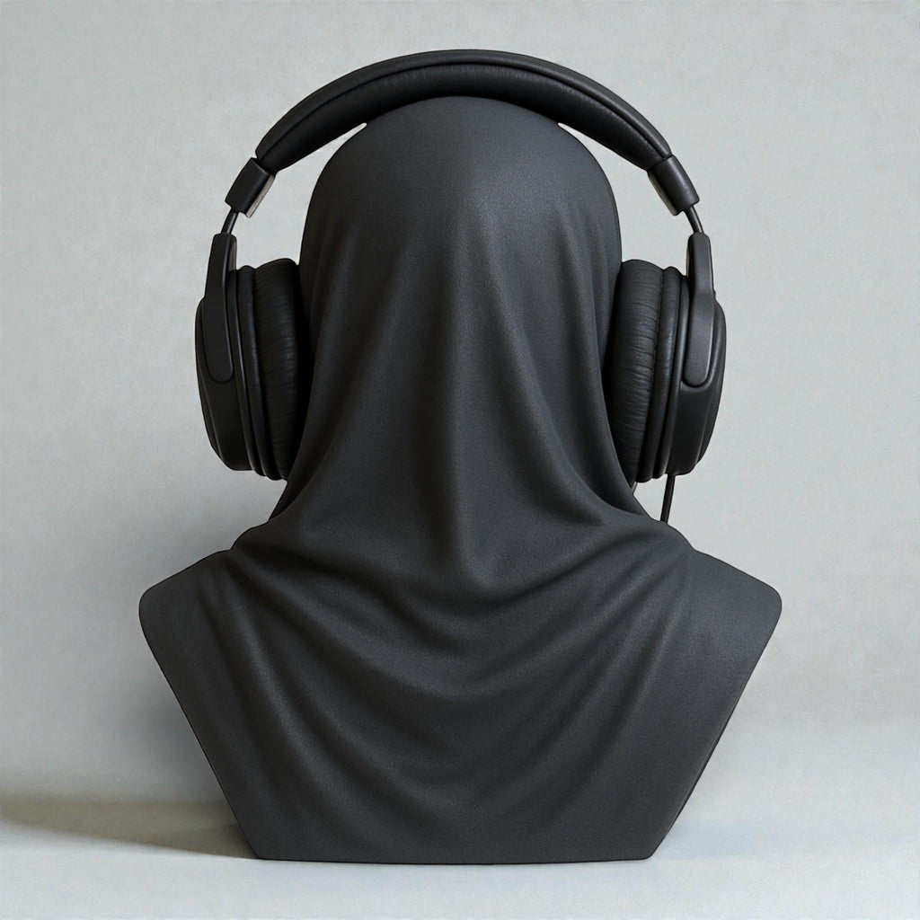 Happy3dWorld matte black death angel headphone stand featuring a hooded bust design for gothic gaming desk decor.