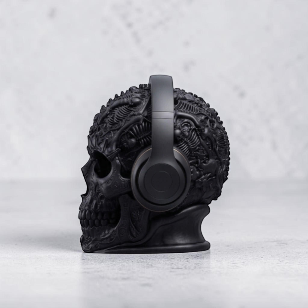 Happy3dWorld matte black gothic skull headphone stand with intricate baroque textures on a marble surface