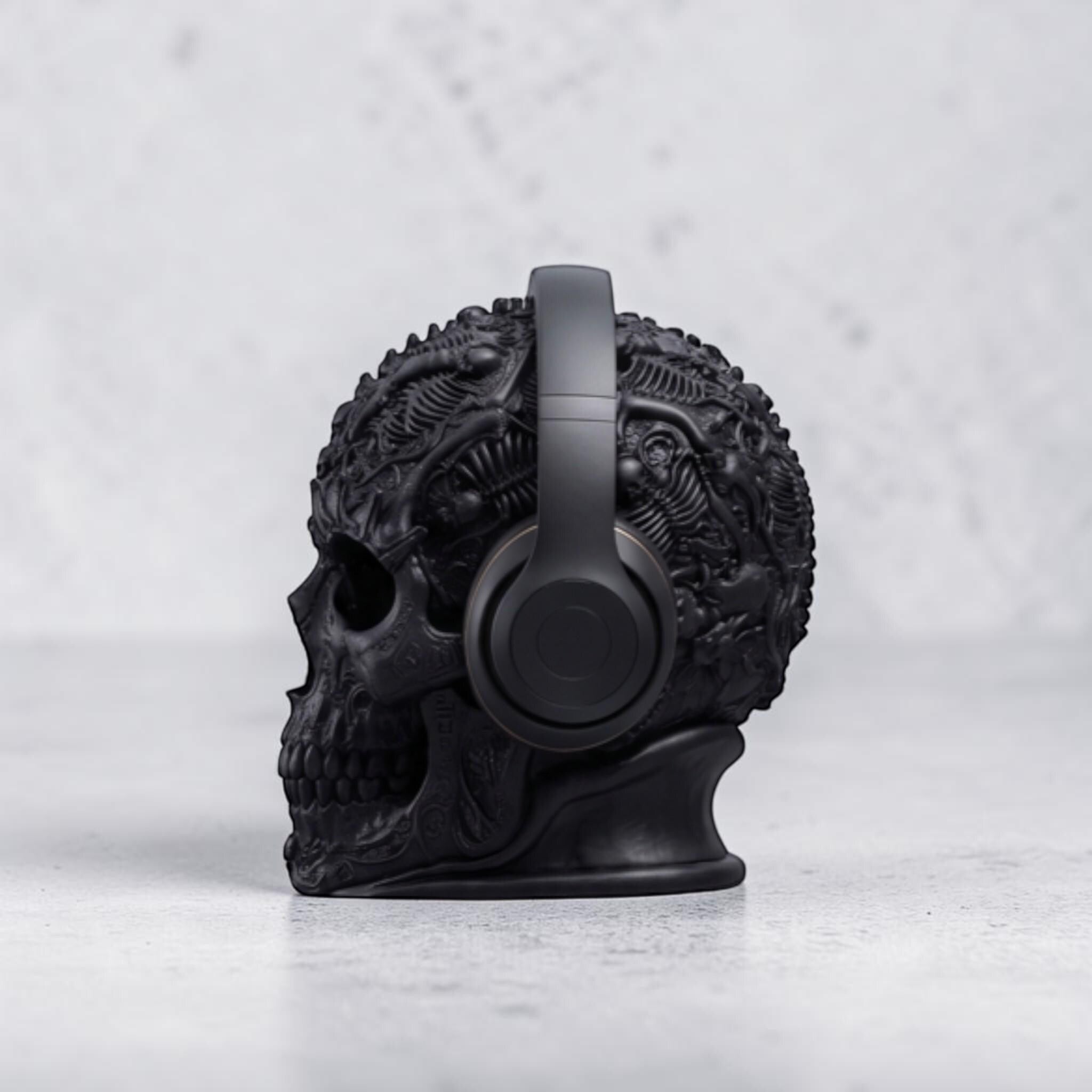Happy3dWorld matte black gothic skull headphone stand with intricate baroque textures on a marble surface