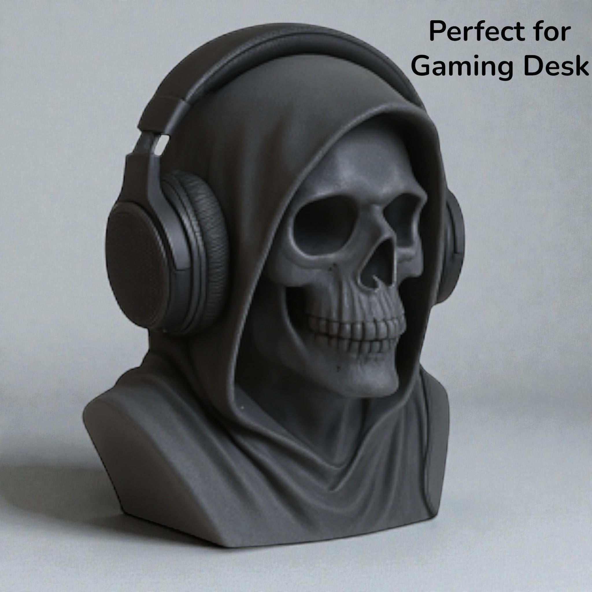 Happy3dWorld matte black death angel skull headphone stand for gothic gaming desk decor