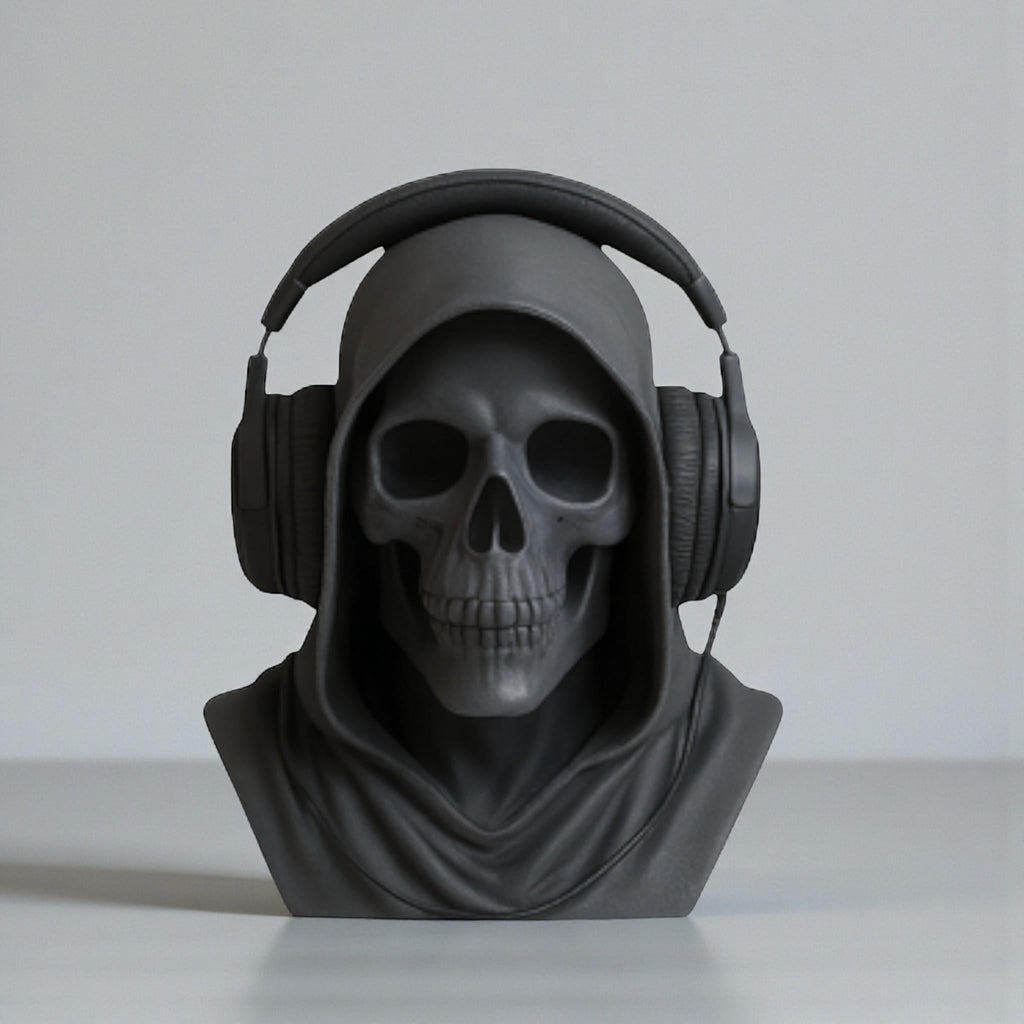 Happy3dWorld matte black death angel skull headphone stand with a hooded gothic design for gaming setups