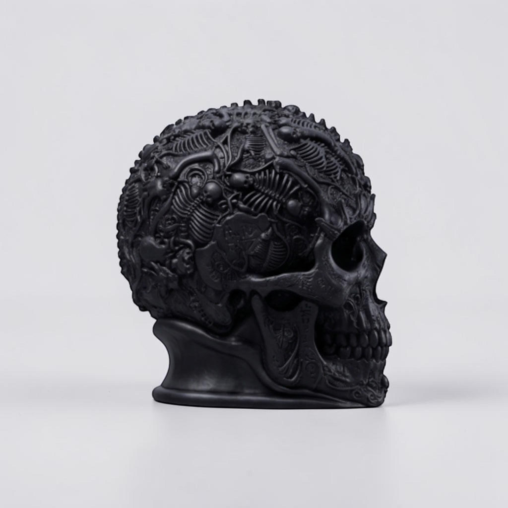 Happy3dWorld matte black gothic skull headphone holder with intricate baroque textures and skeletal filigree design.