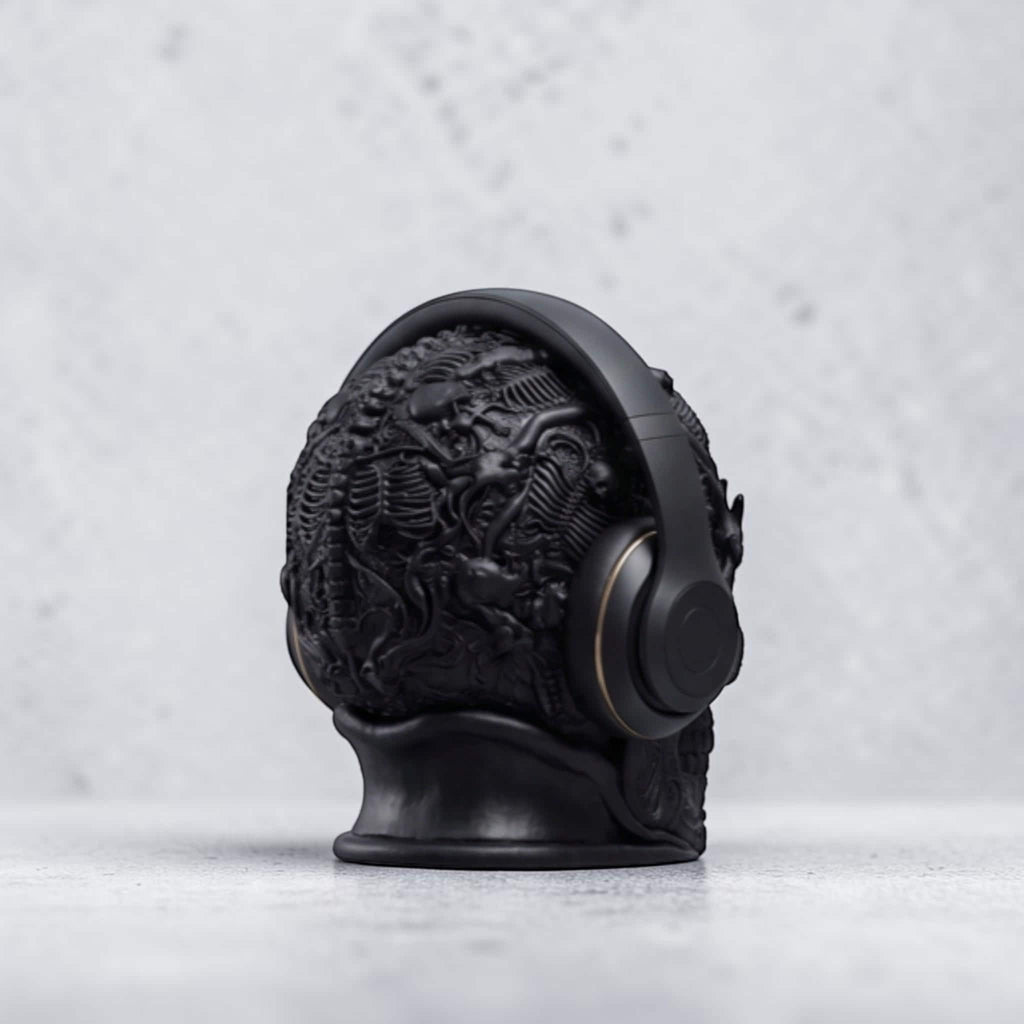 Happy3dWorld matte black gothic skull headphone stand with intricate baroque textures holding over-ear gaming headphones.