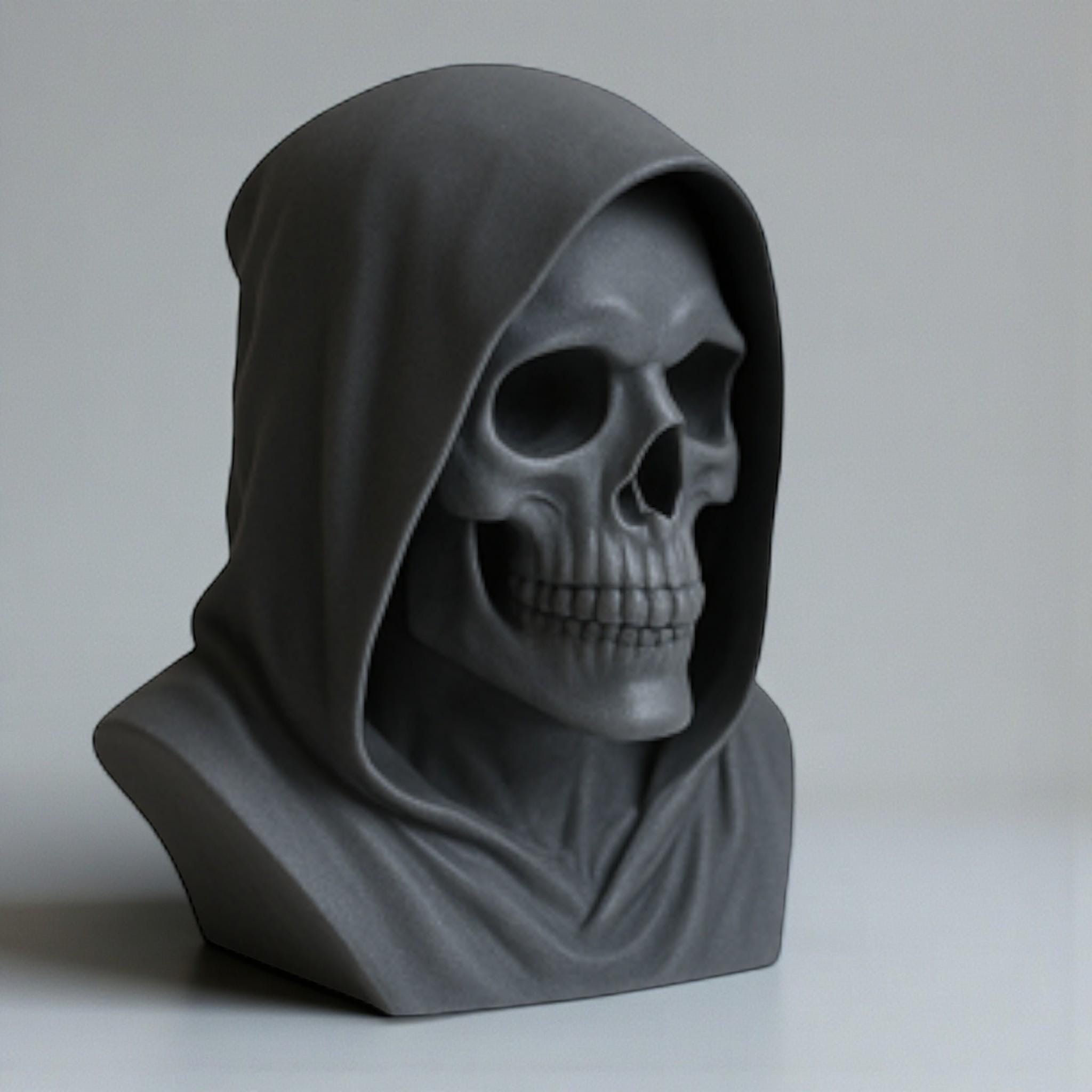Happy3dWorld matte black death angel skull headphone stand with a hooded gothic design for gaming desk decor.