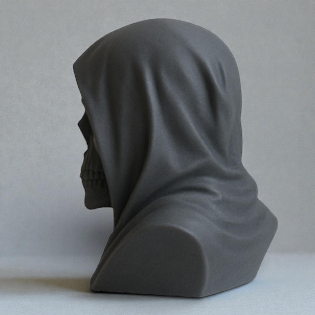 Happy3dWorld matte black death angel skull headphone stand with a hooded gothic design for gaming desk decor.