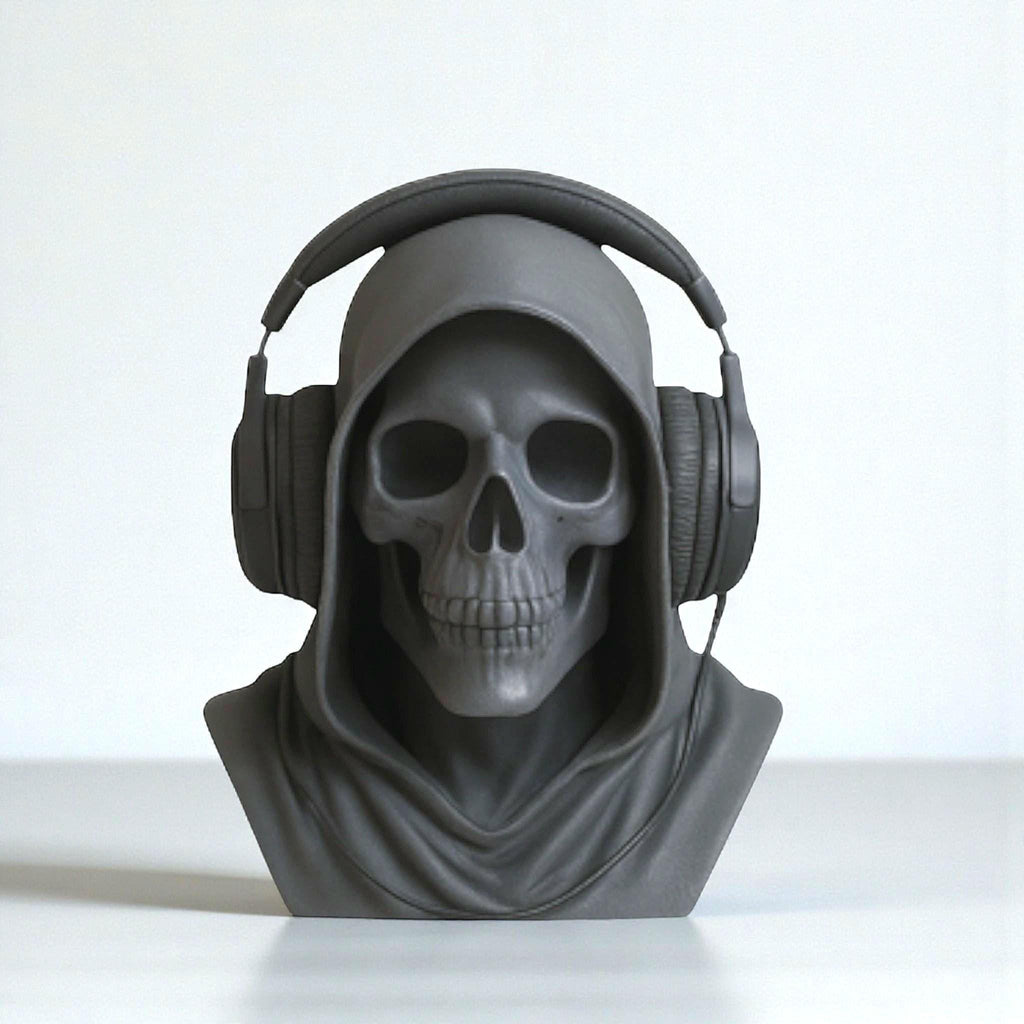 Happy3dWorld matte black death angel skull headphone stand for gothic gaming desk decor
