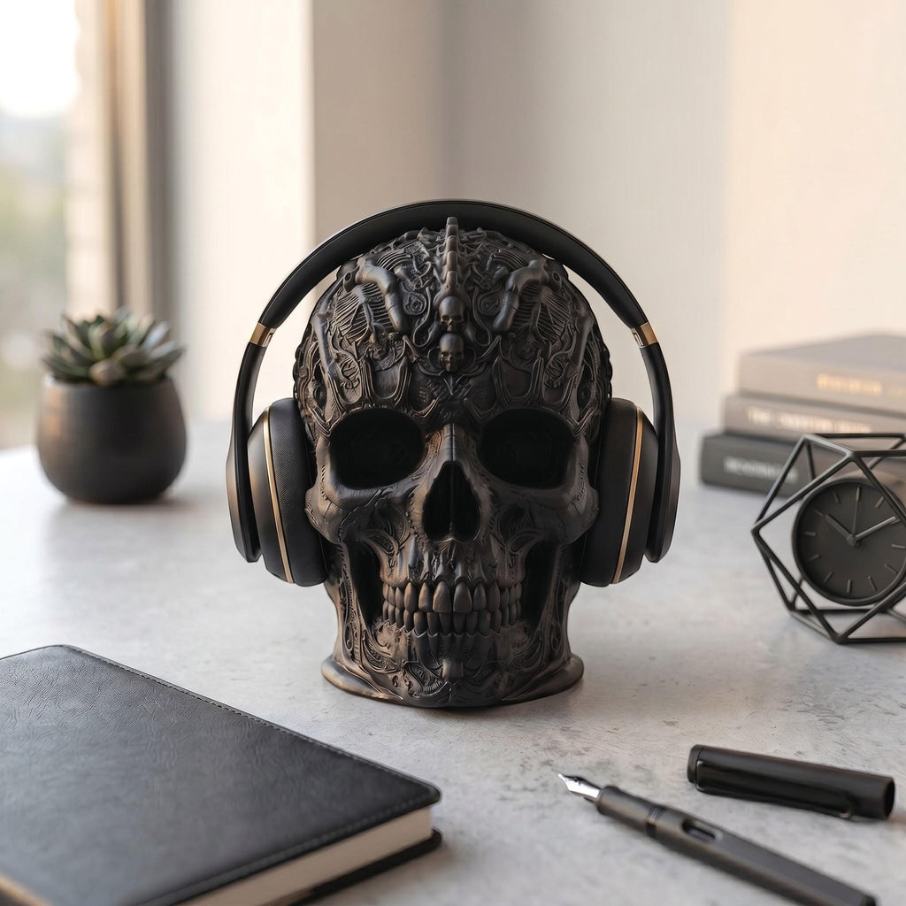 Happy3dWorld matte black gothic skull headphone stand with intricate baroque carvings on a marble desk
