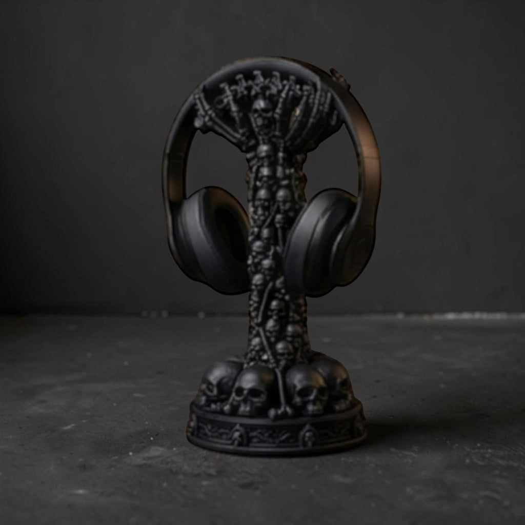 Happy3dWorld matte black skull column headphone stand for gothic gaming setups with a detailed skeletal design.
