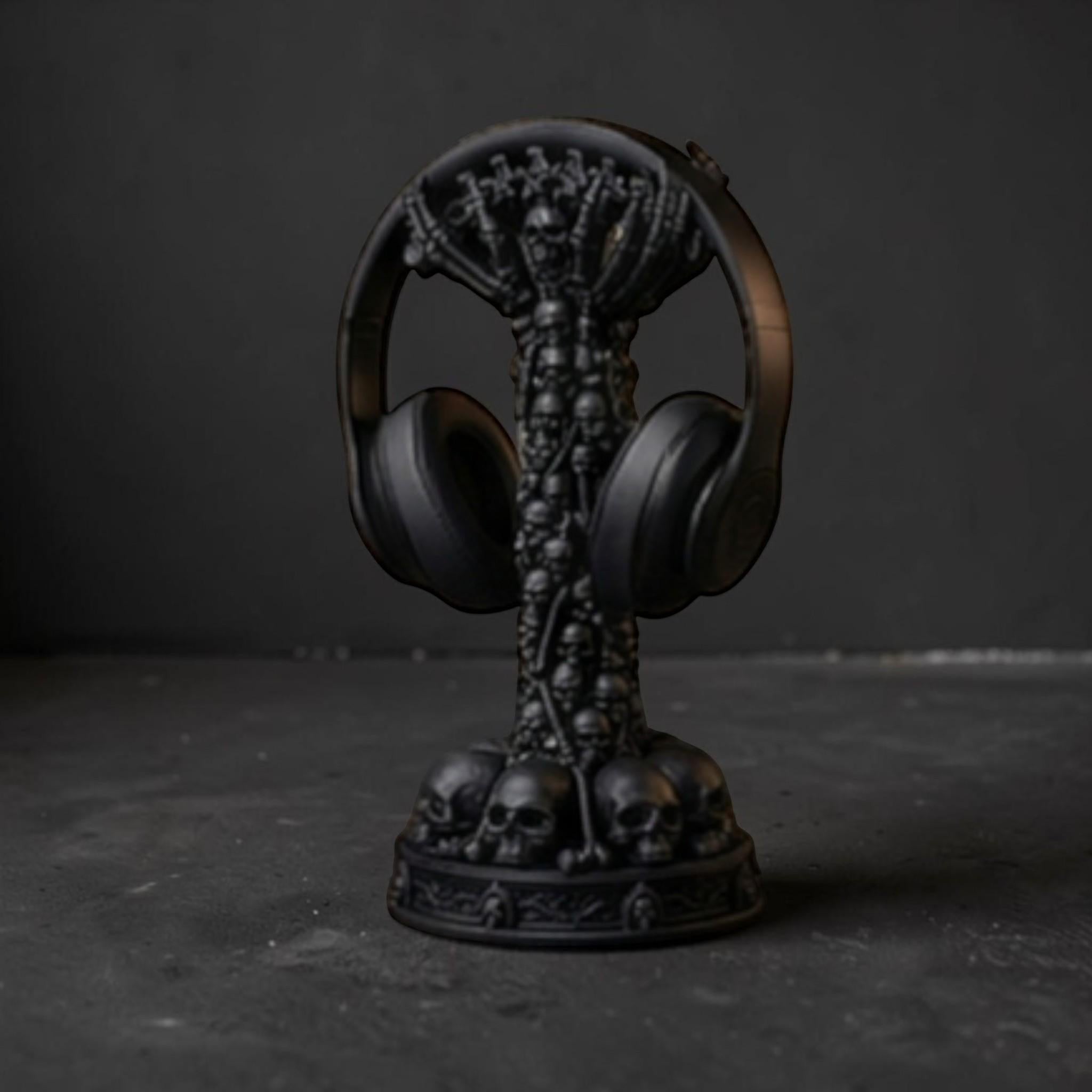 Happy3dWorld matte black skull column headphone stand for gothic gaming setups with a detailed skeletal design.
