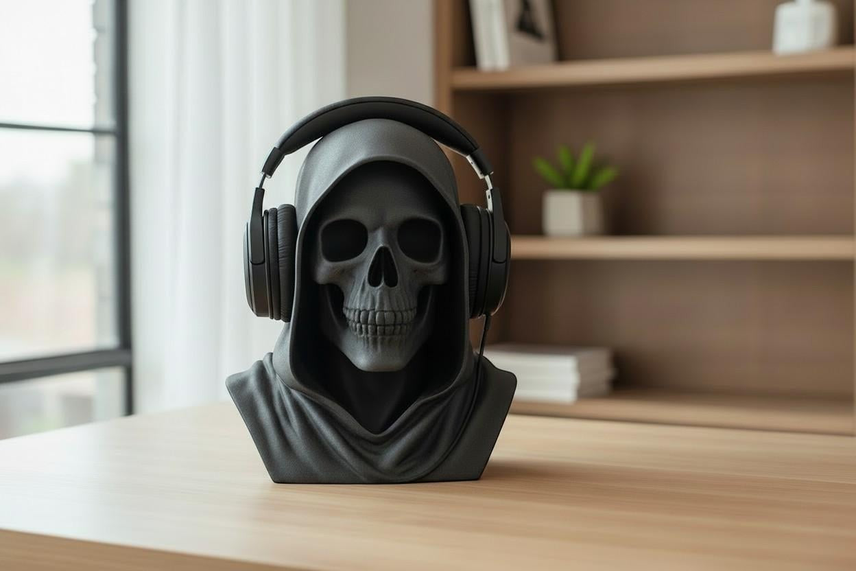 Happy3dWorld matte black death angel skull headphone stand on a wooden desk for gothic gaming setups