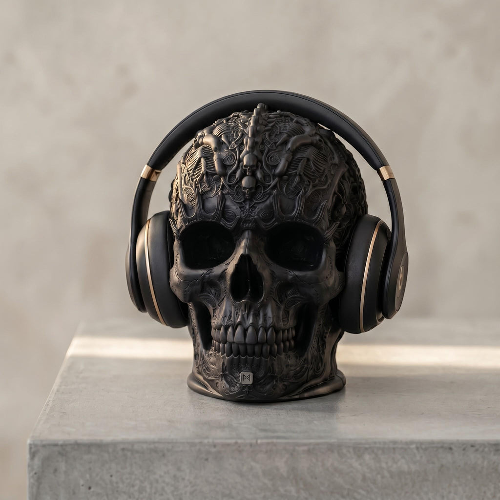Happy3dWorld matte black gothic skull headphone stand with intricate baroque textures on a marble surface.