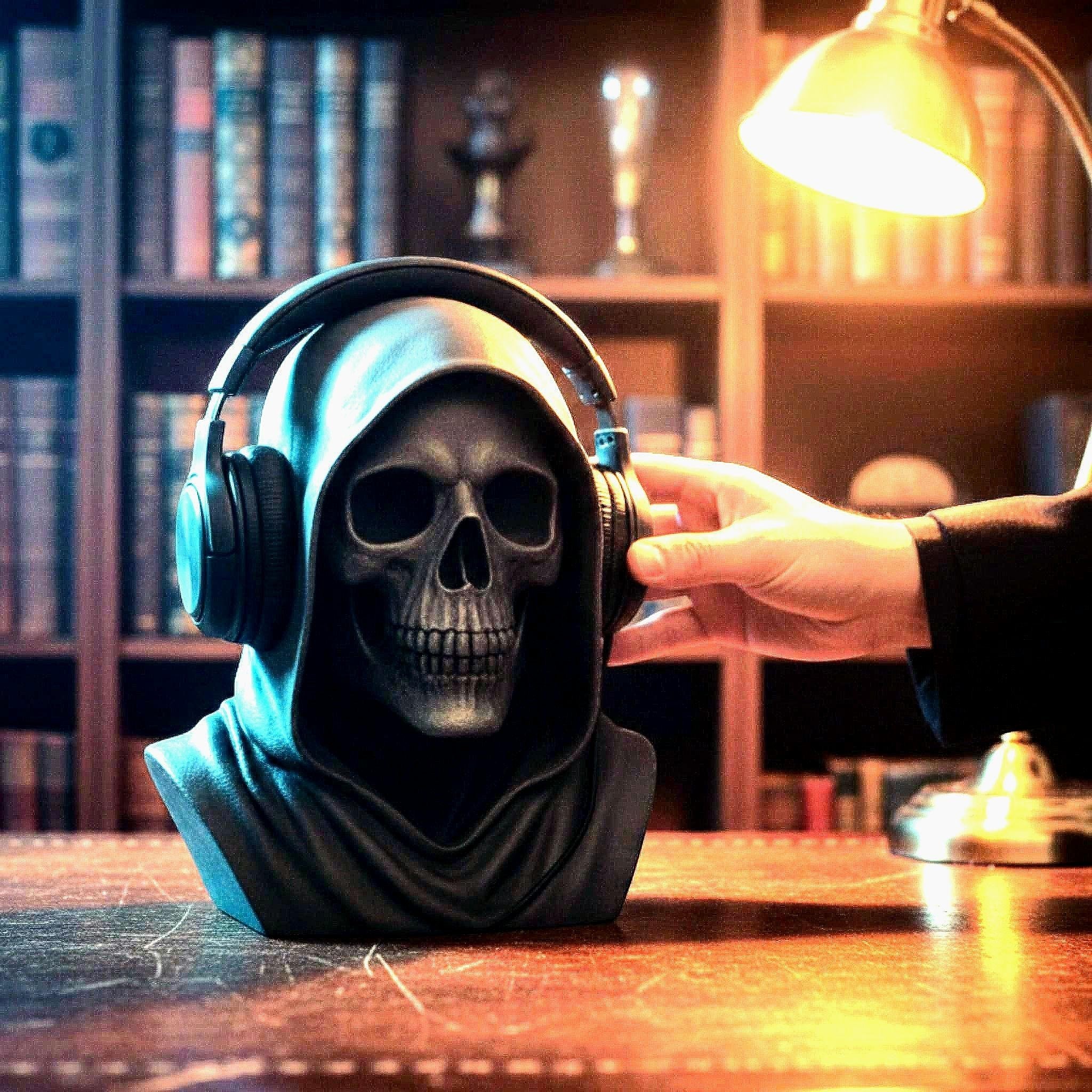 Happy3dWorld matte black death angel skull headphone stand on a desk with a hand adjusting over-ear headphones