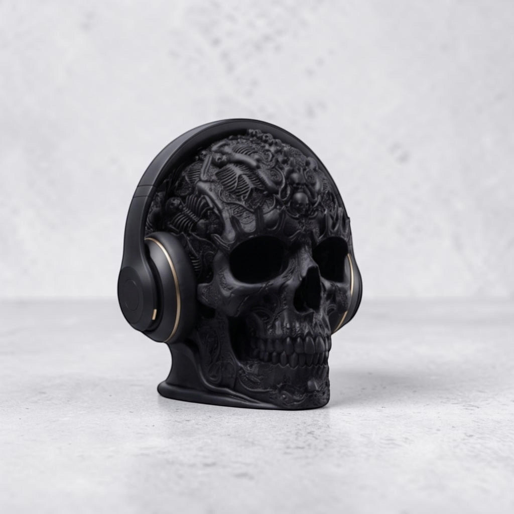 Happy3dWorld matte black gothic skull headphone stand with intricate baroque textures holding black over-ear headphones.