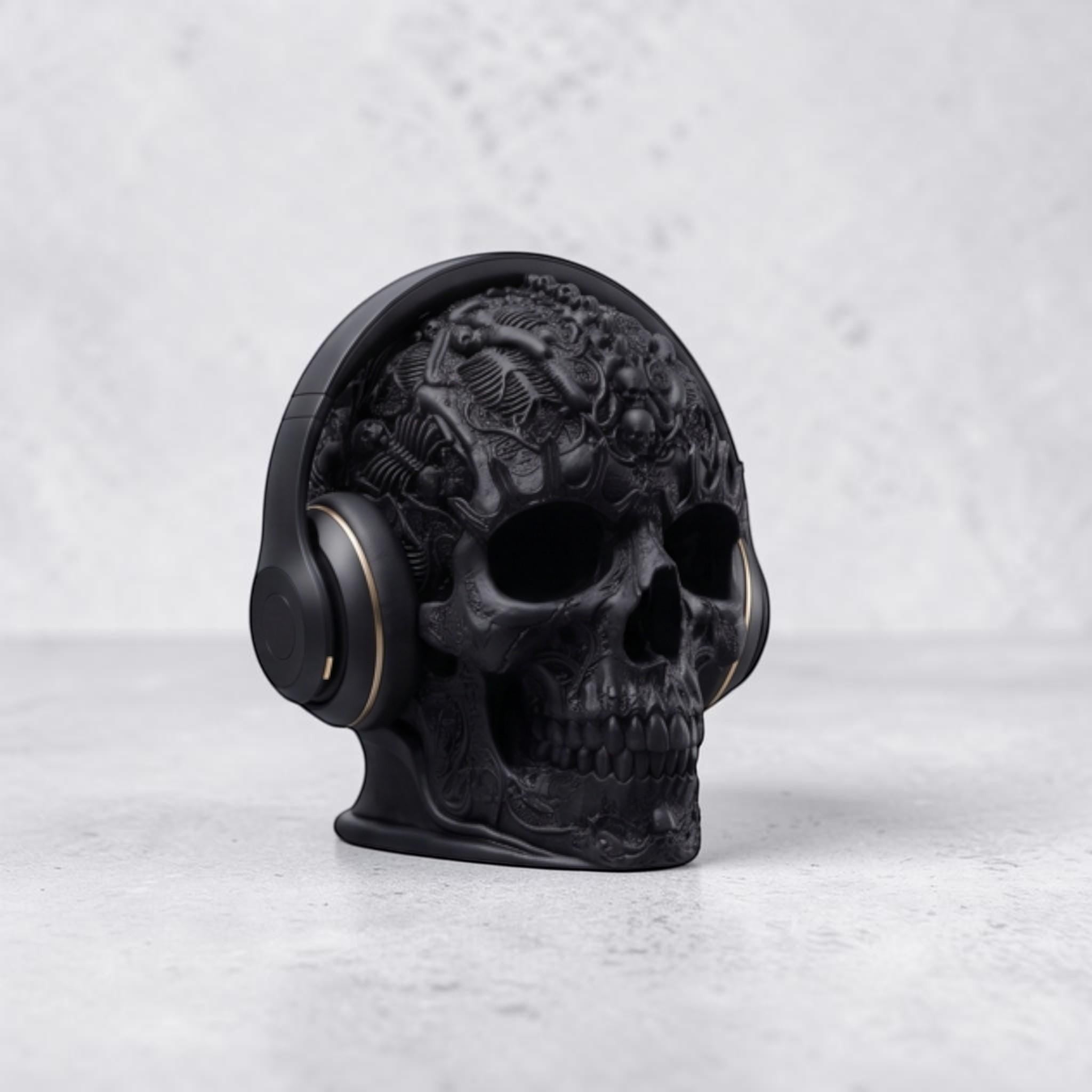 Happy3dWorld matte black gothic skull headphone stand with intricate baroque textures holding black over-ear headphones.