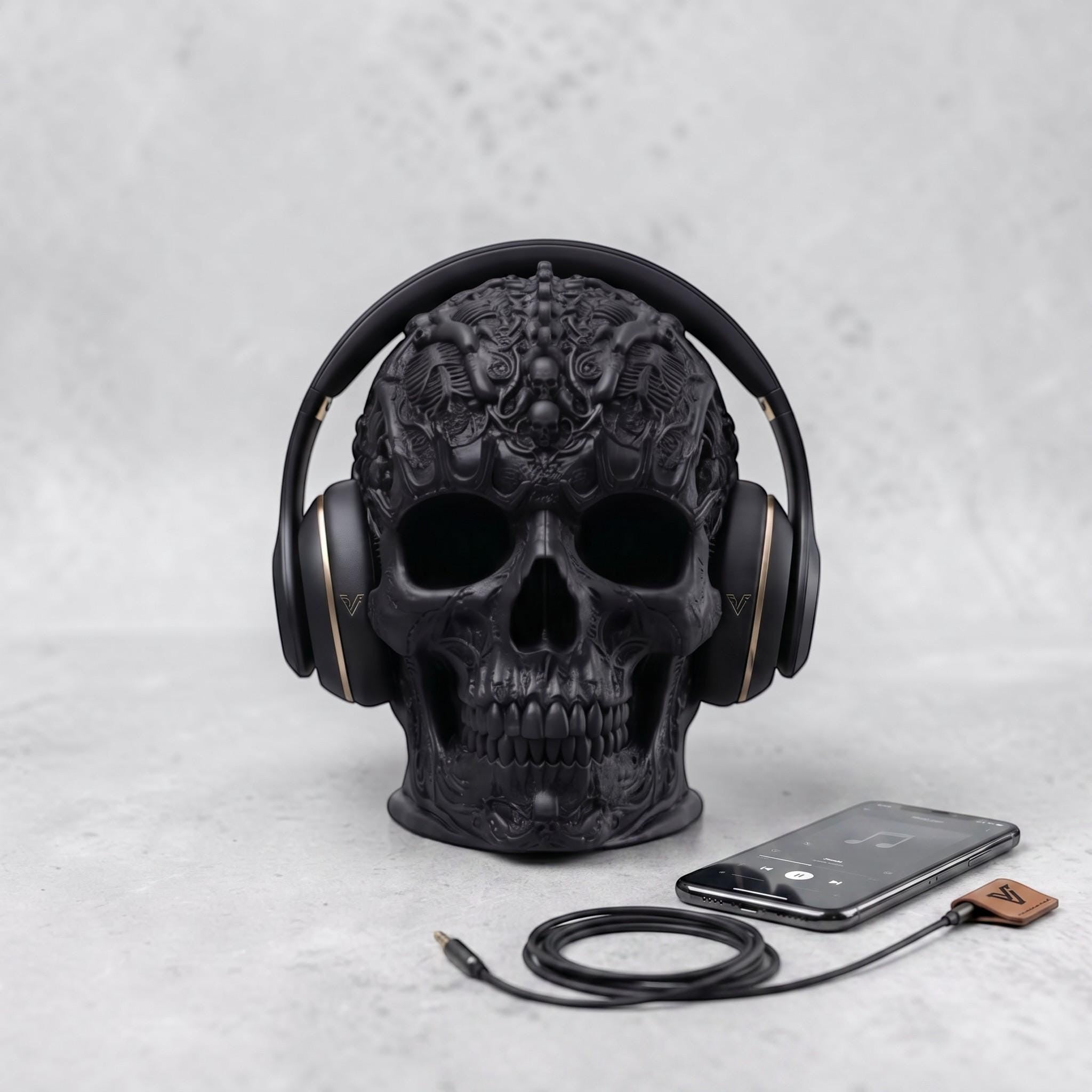 Happy3dWorld matte black gothic skull headphone stand with intricate baroque carvings holding over-ear headphones.