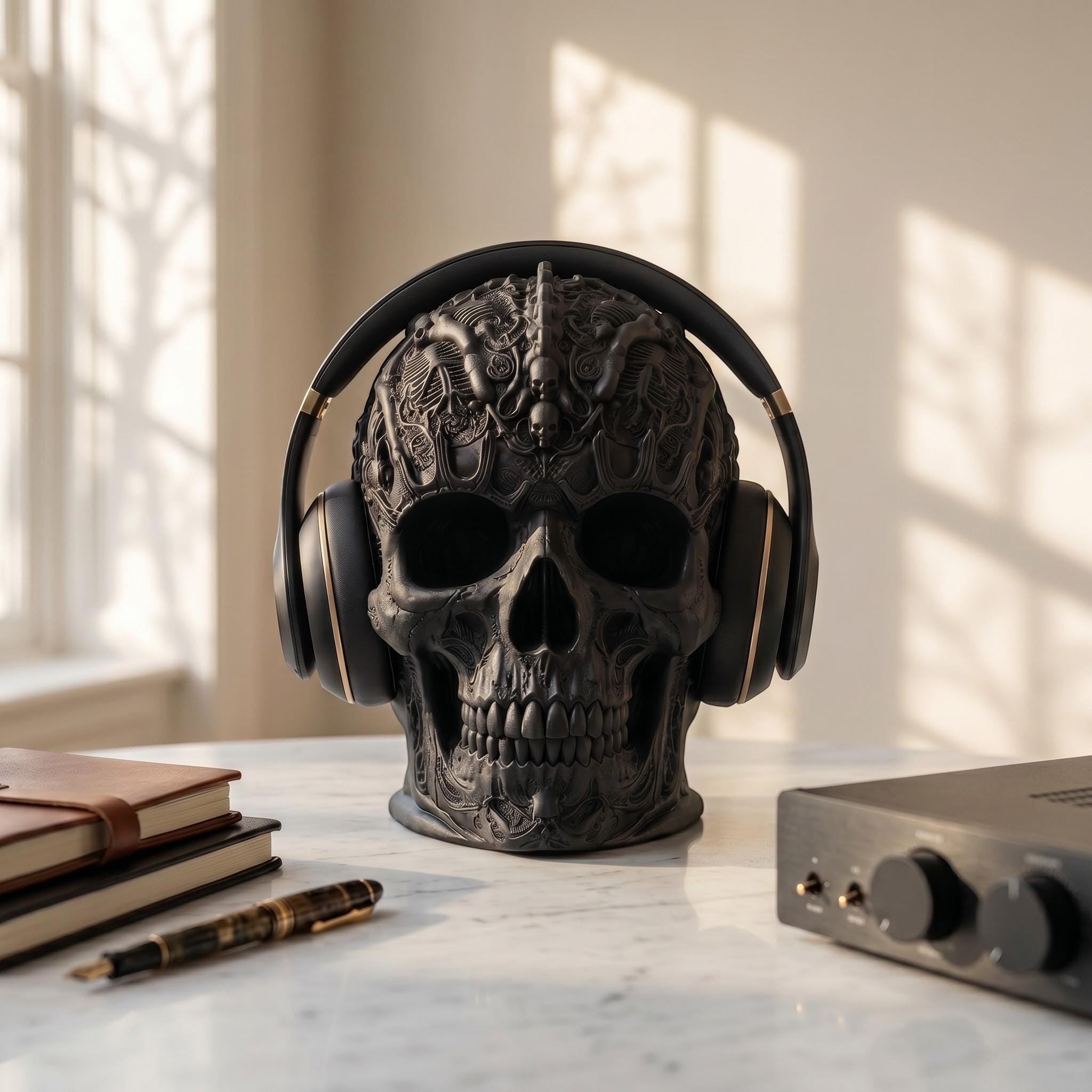 Happy3dWorld matte black gothic skull headphone stand with ornate baroque carvings on a marble desk