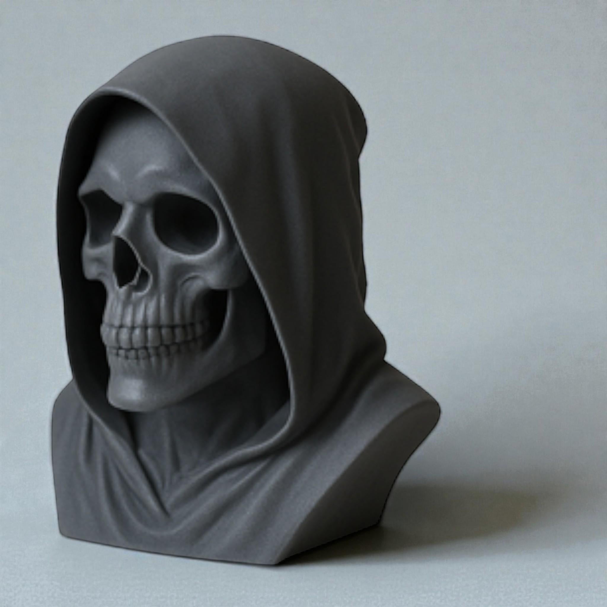 Happy3dWorld matte black death angel skull headphone stand with a hooded gothic design for gaming desk decor.