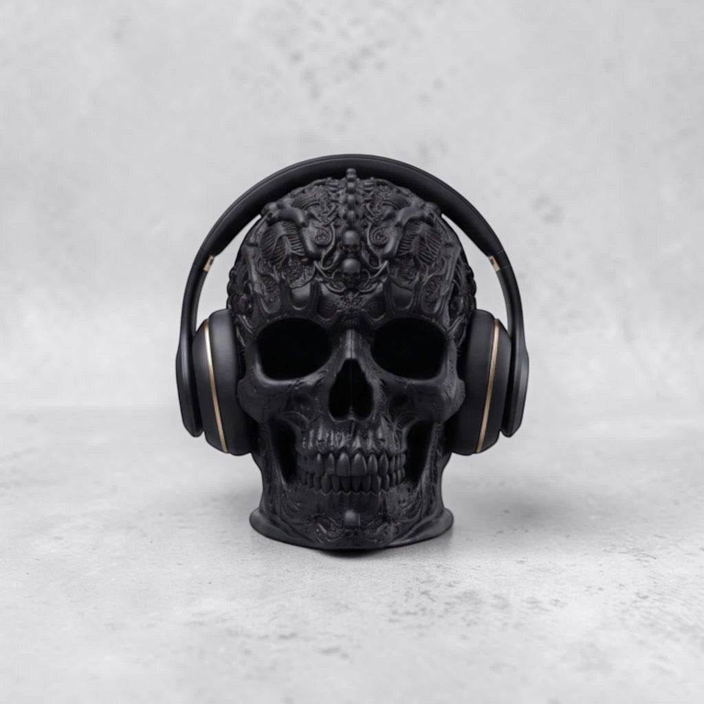 Happy3dWorld matte black gothic skull headphone stand with intricate baroque carvings holding over-ear gaming headset.