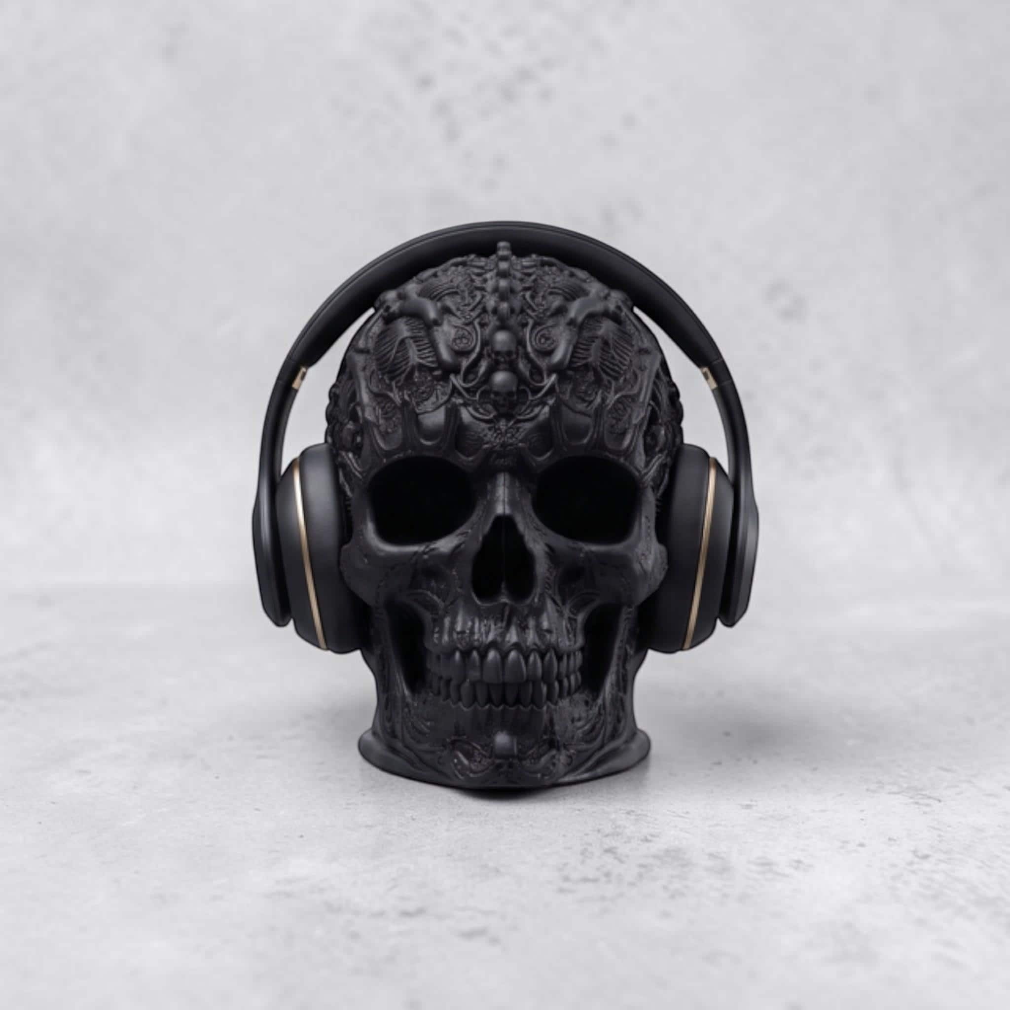 Happy3dWorld matte black gothic skull headphone stand with intricate baroque carvings holding over-ear gaming headset.