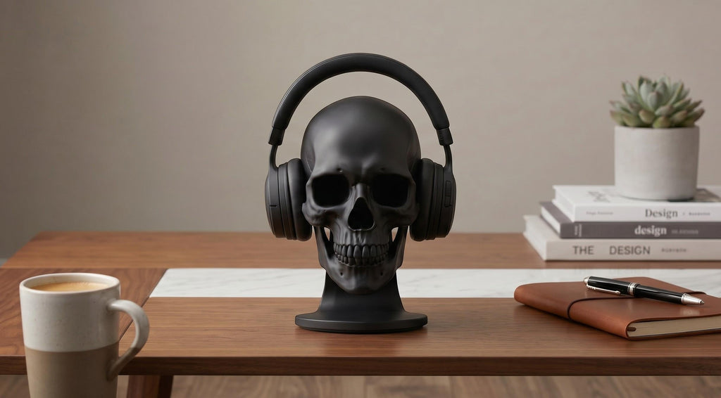 Happy3dWorld matte black anatomical skull headset stand holding over-ear headphones on a wooden desk