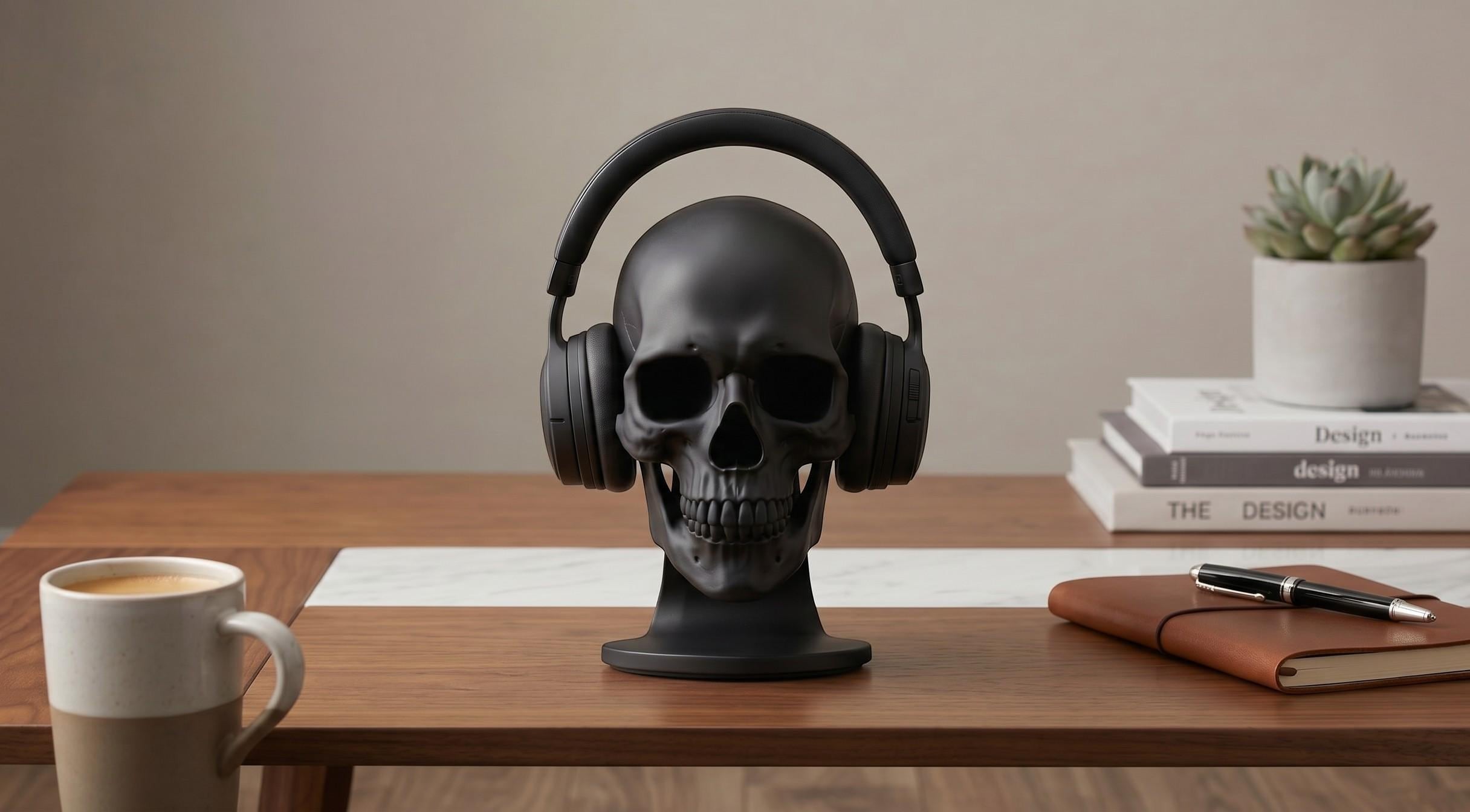 Happy3dWorld matte black anatomical skull headset stand holding over-ear headphones on a wooden desk