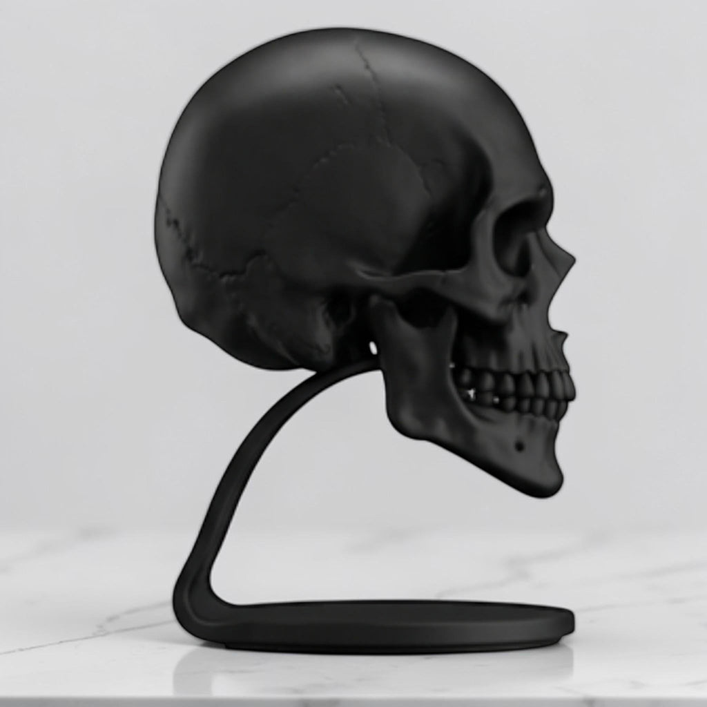 Happy3dWorld matte black anatomical skull headset stand for gaming desks and gothic room decor