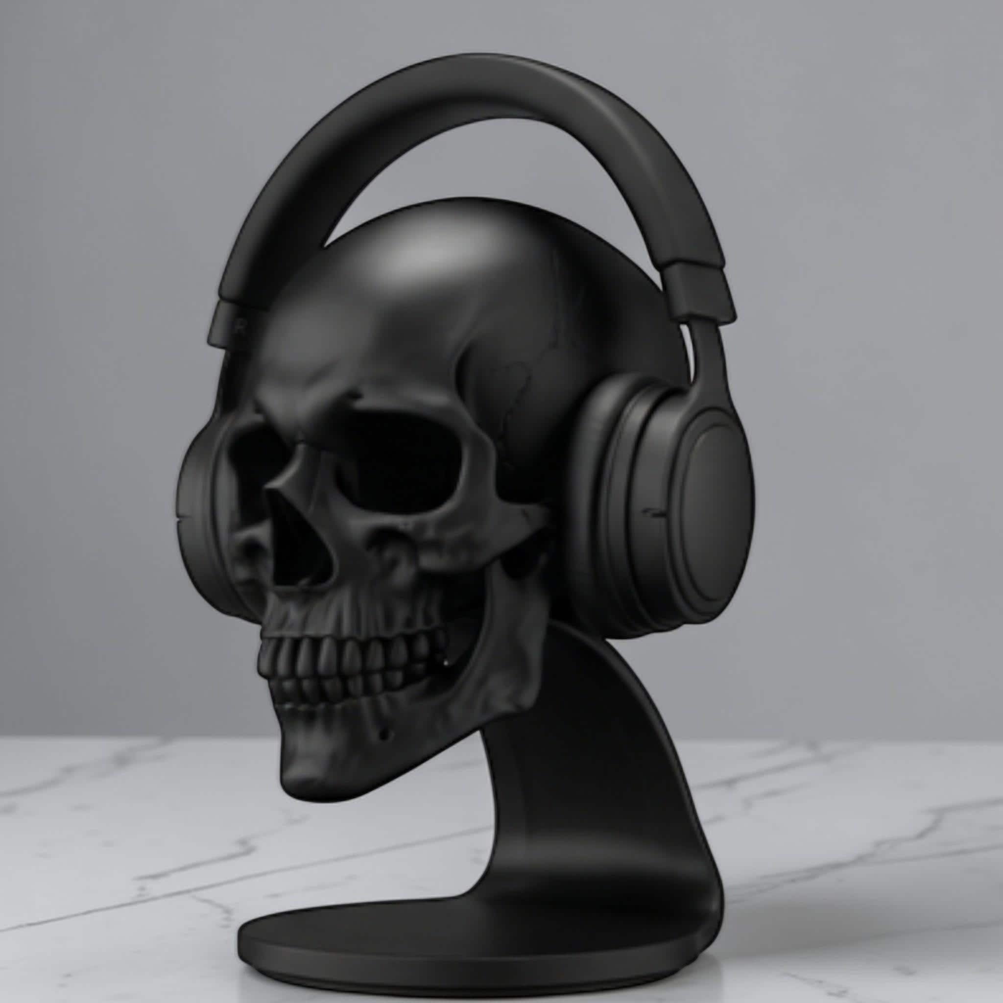 Happy3dWorld matte black anatomical skull headset stand holding over-ear headphones on a marble desk surface