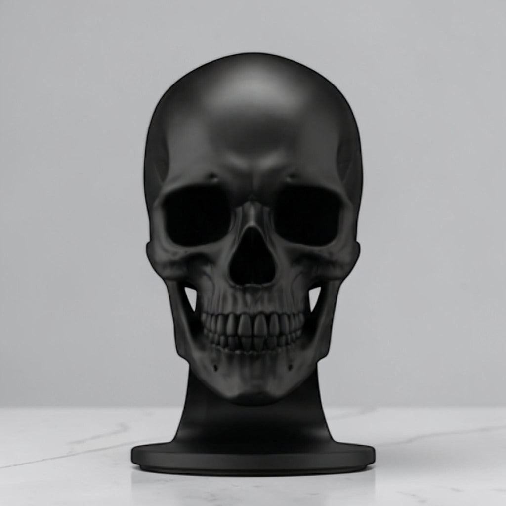 Happy3dWorld matte black anatomical skull headset stand for gaming desks and gothic room decor