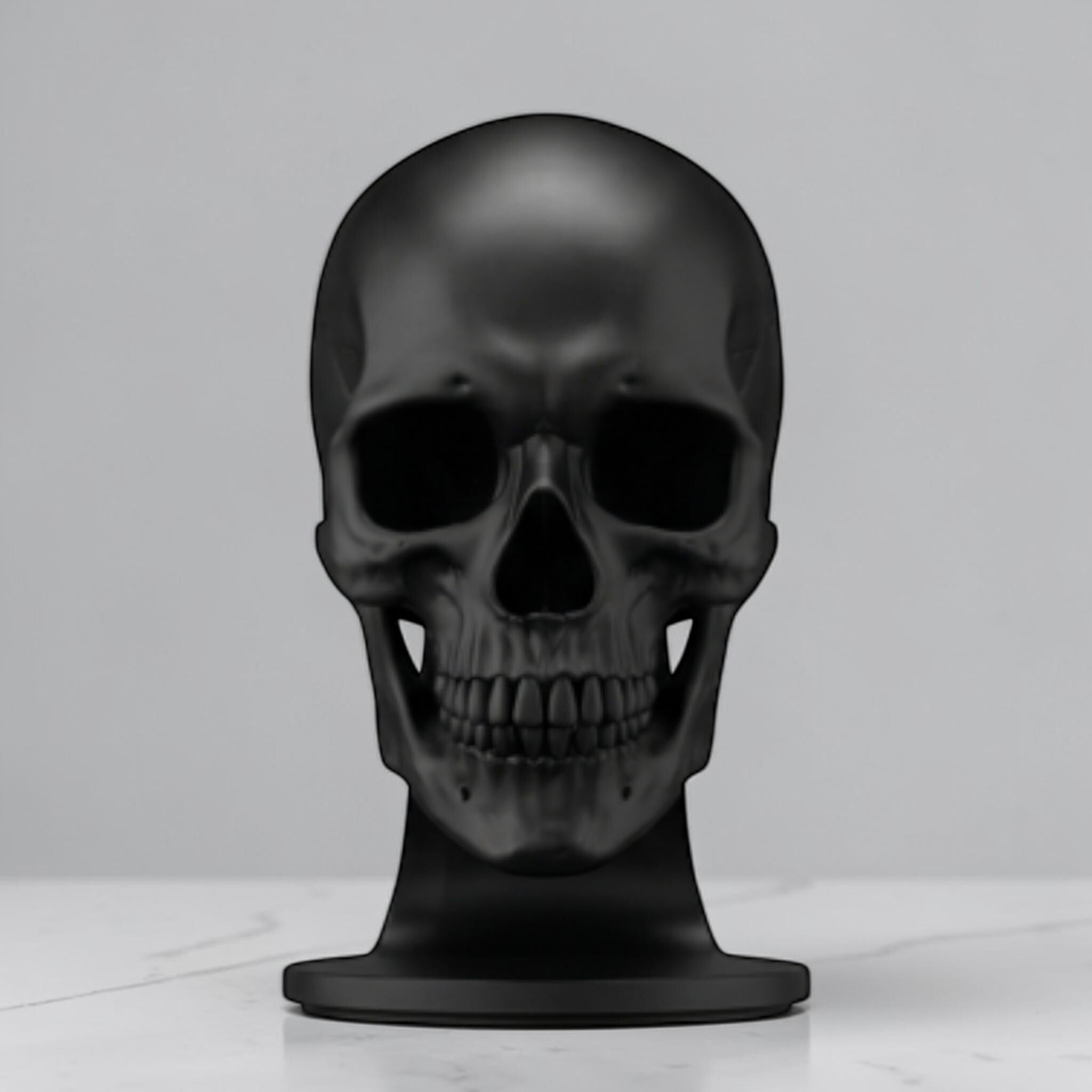 Happy3dWorld matte black anatomical skull headset stand for gaming desks and gothic room decor