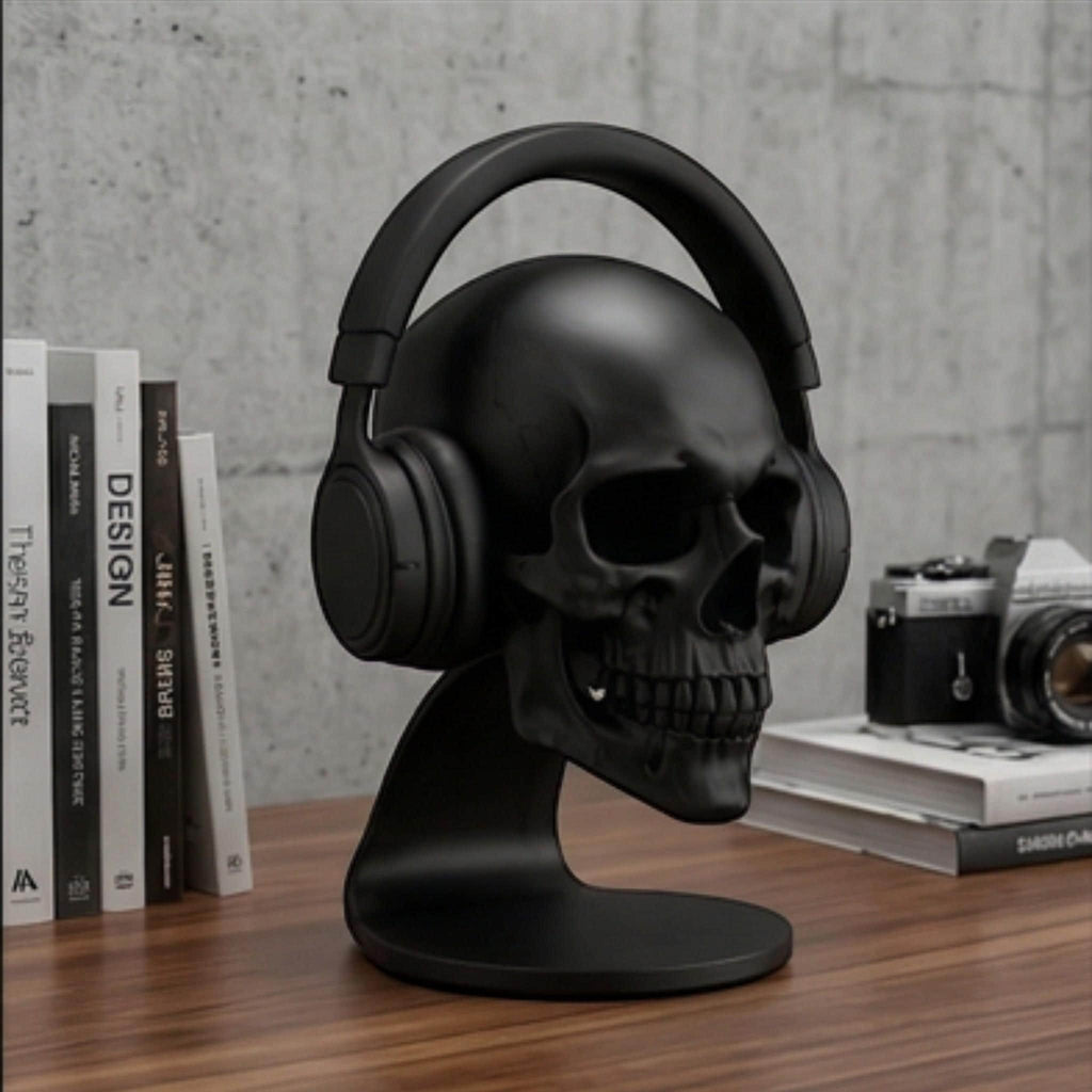 Happy3dWorld matte black anatomical skull headset stand holding over-ear headphones on a wooden desk