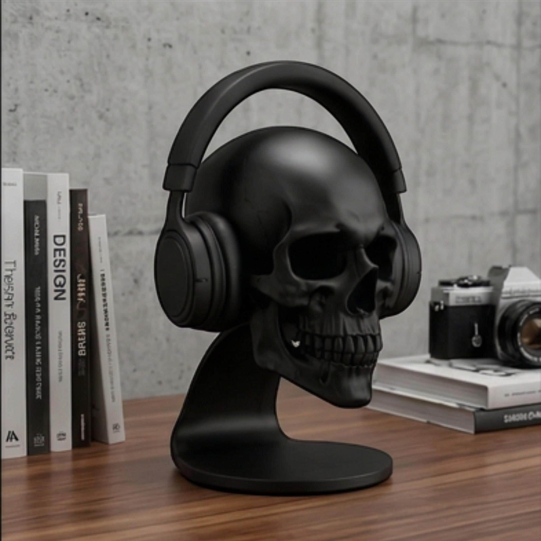 Happy3dWorld matte black anatomical skull headset stand holding over-ear headphones on a wooden desk