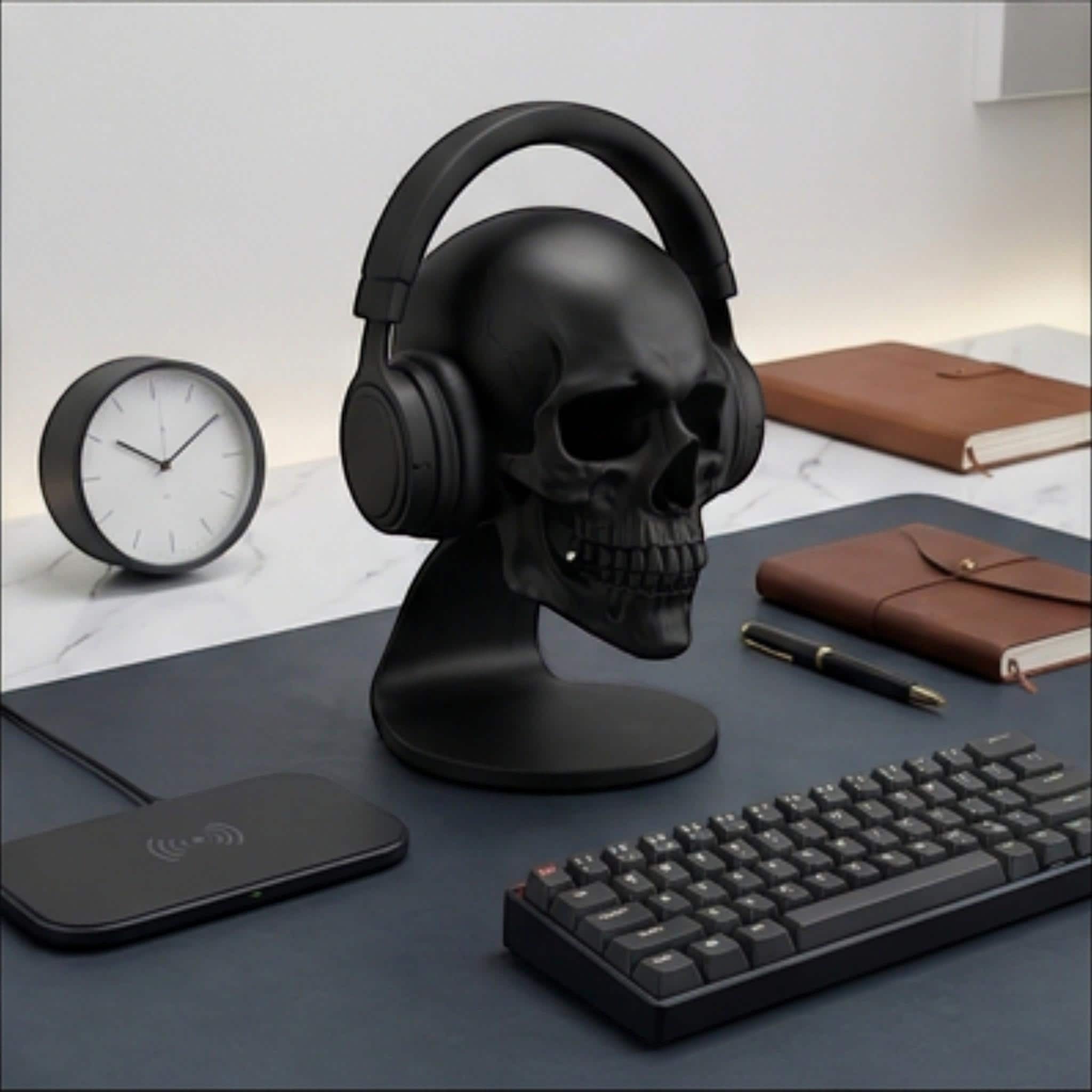 Happy3dWorld matte black anatomical skull headset stand holding over-ear headphones on a modern gaming desk setup