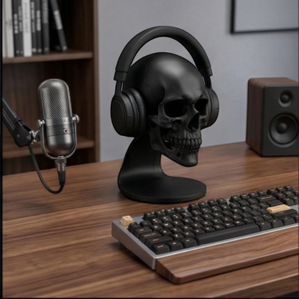 Happy3dWorld matte black anatomical skull headset stand holding over-ear headphones on a wooden gaming desk