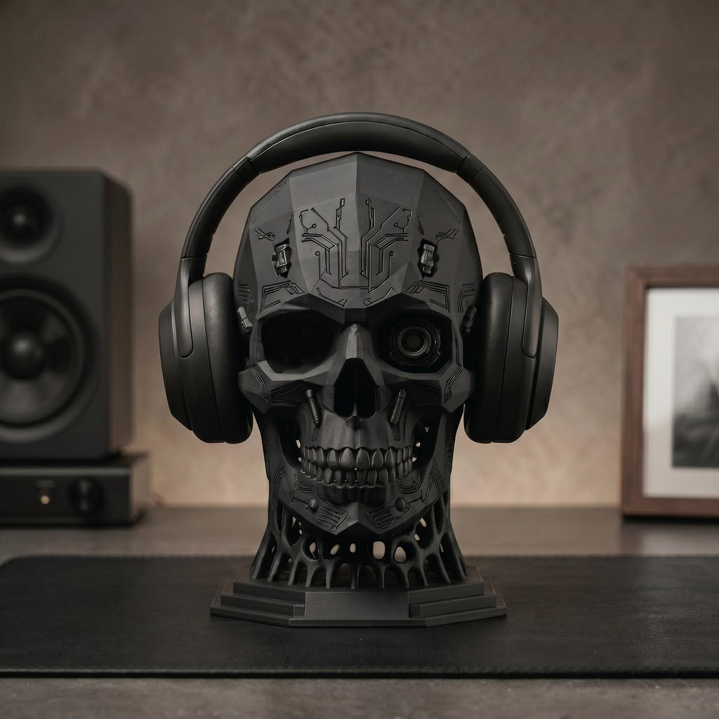 Happy3dWorld matte black mechanical skull headphone stand with cybernetic details on a desk with audio equipment.