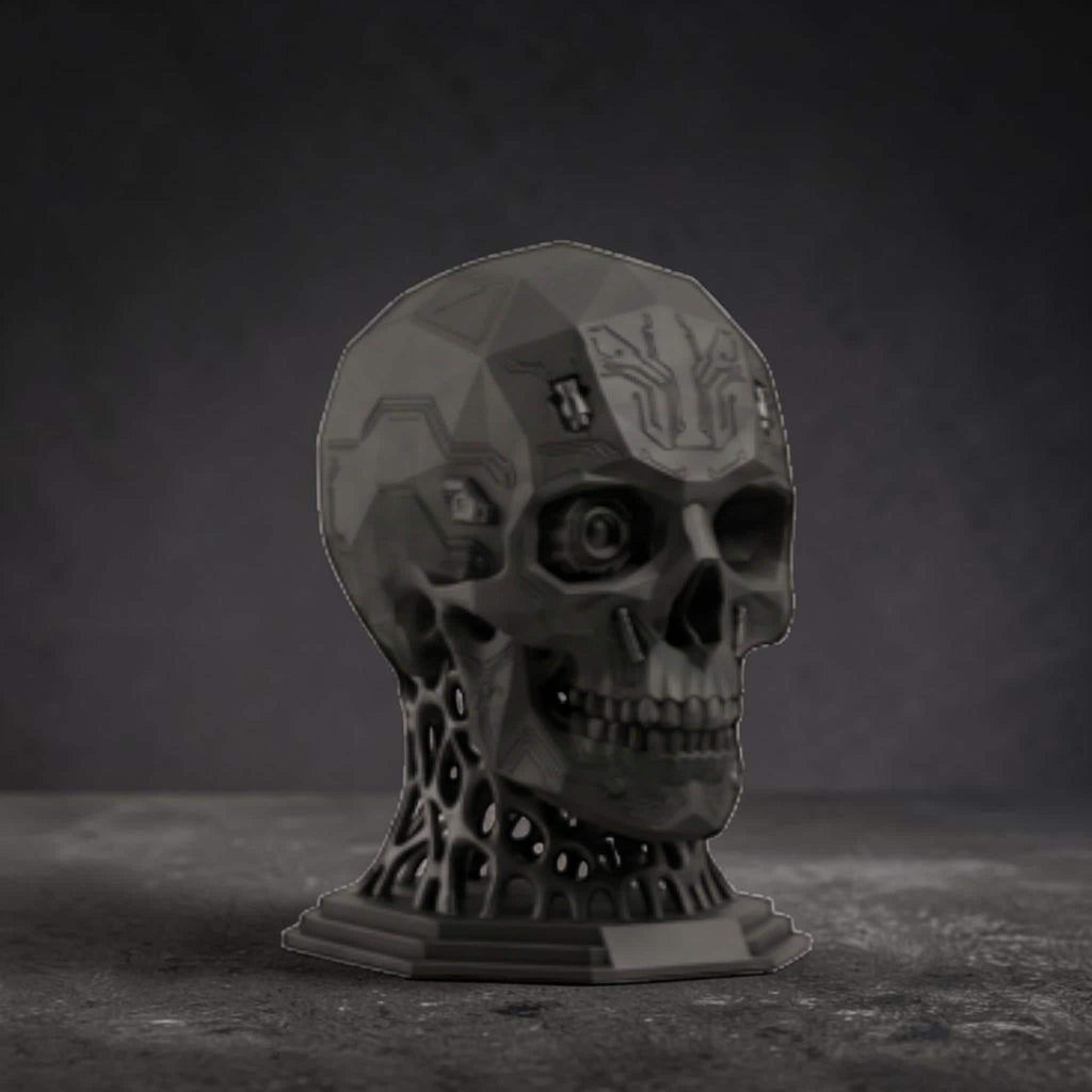Happy3dWorld matte black mechanical skull headphone stand with intricate cyberpunk cybernetic details for gaming desks