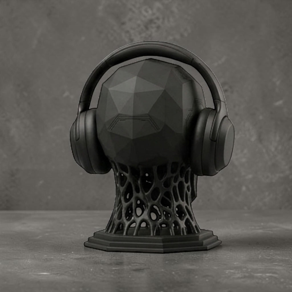 Happy3dWorld matte black mechanical skull headphone stand with a geometric design and bio-mechanical base.
