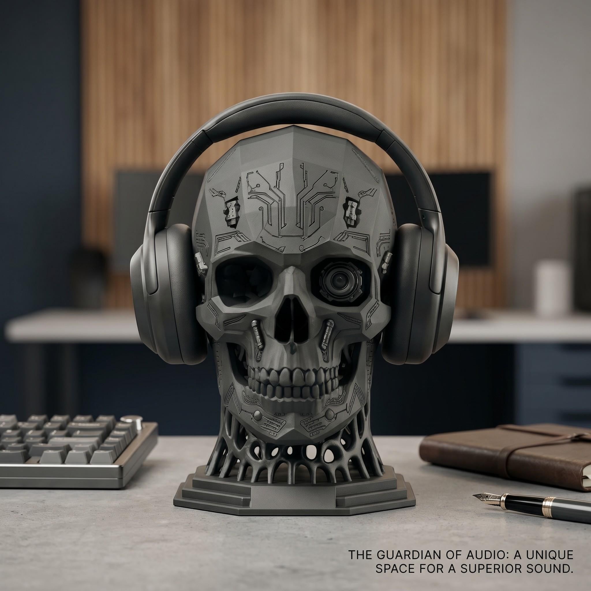 Happy3dWorld matte grey mechanical skull headphone stand with cybernetic eye design on a desk with gaming accessories.