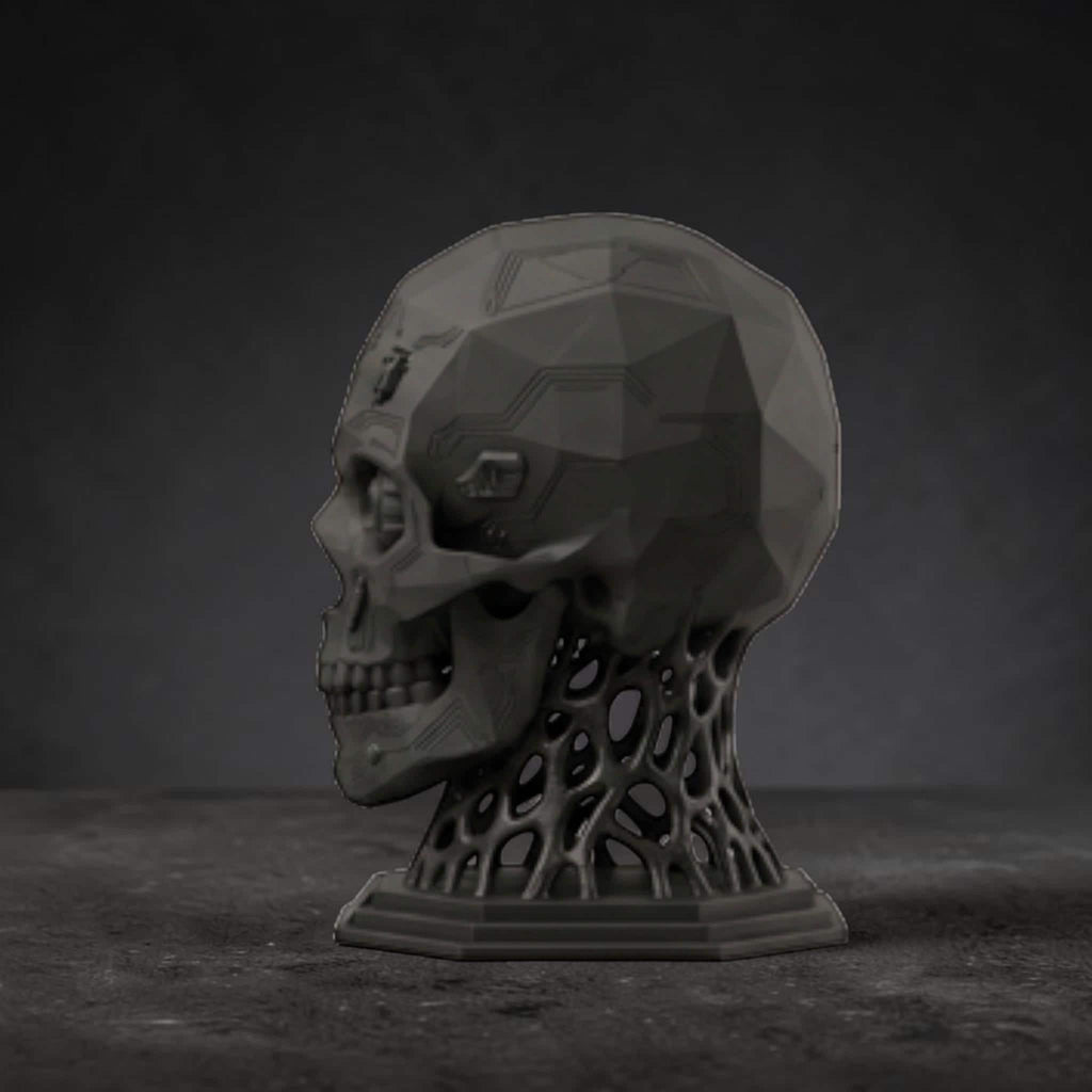 Happy3dWorld matte black mechanical skull headphone stand with cybernetic details and geometric base on dark surface