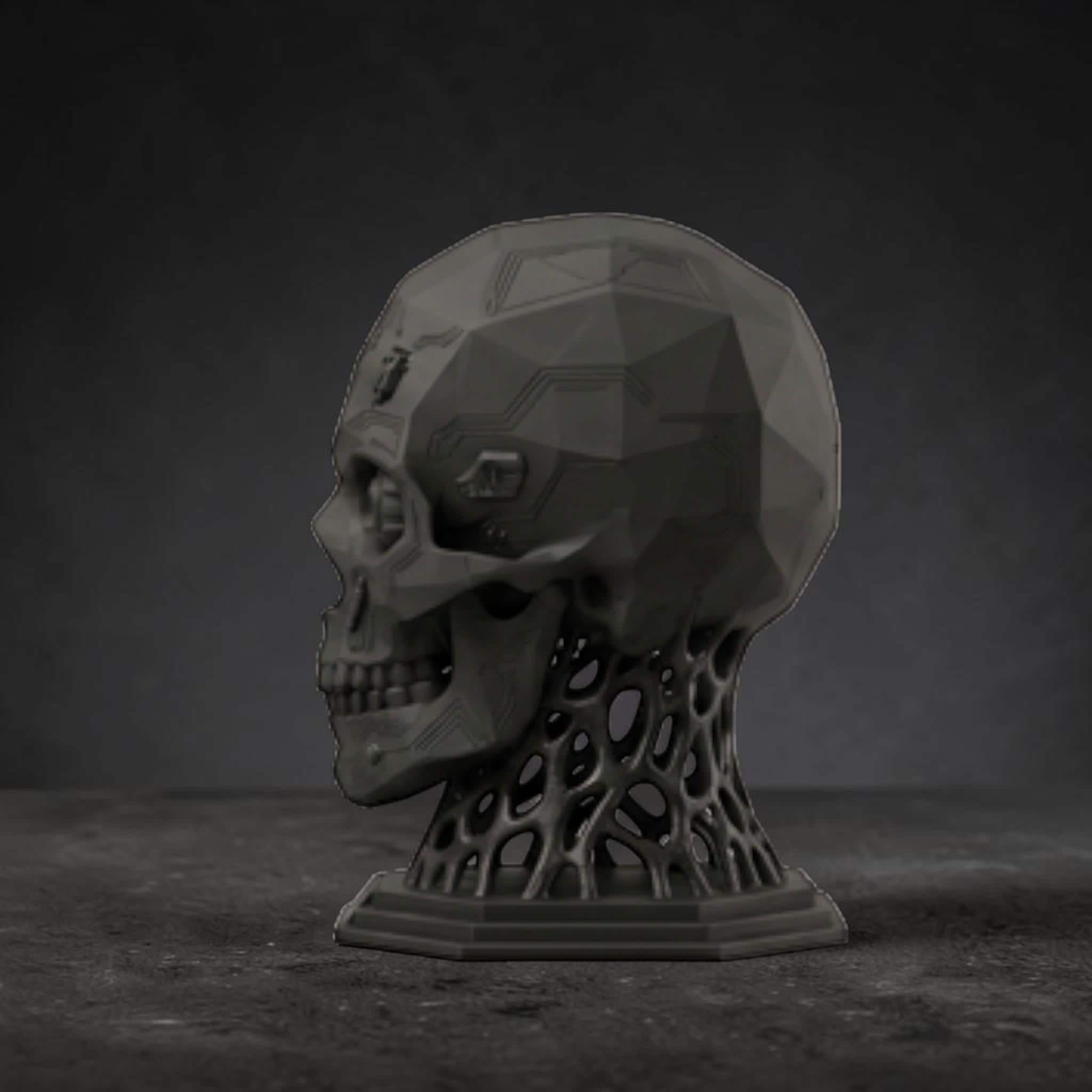 Happy3dWorld matte black mechanical skull headphone stand with cybernetic details and geometric base on dark surface