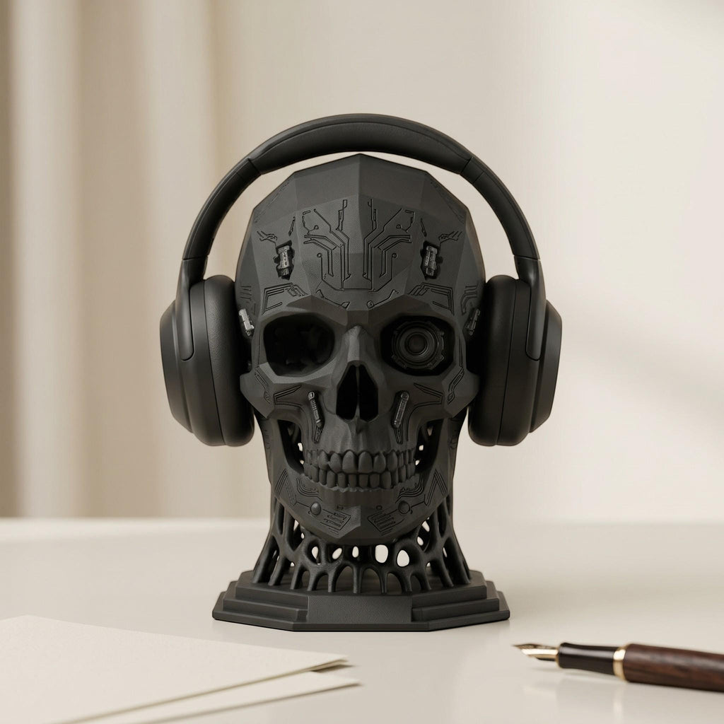 Happy3dWorld matte black mechanical skull headphone stand with cybernetic details on a desk