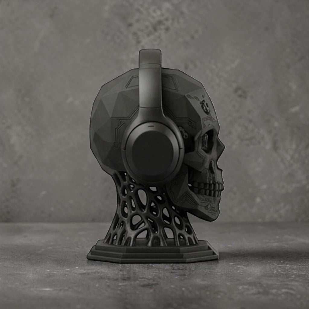 Happy3dWorld matte black mechanical skull headphone stand with geometric design and cybernetic details on a desk