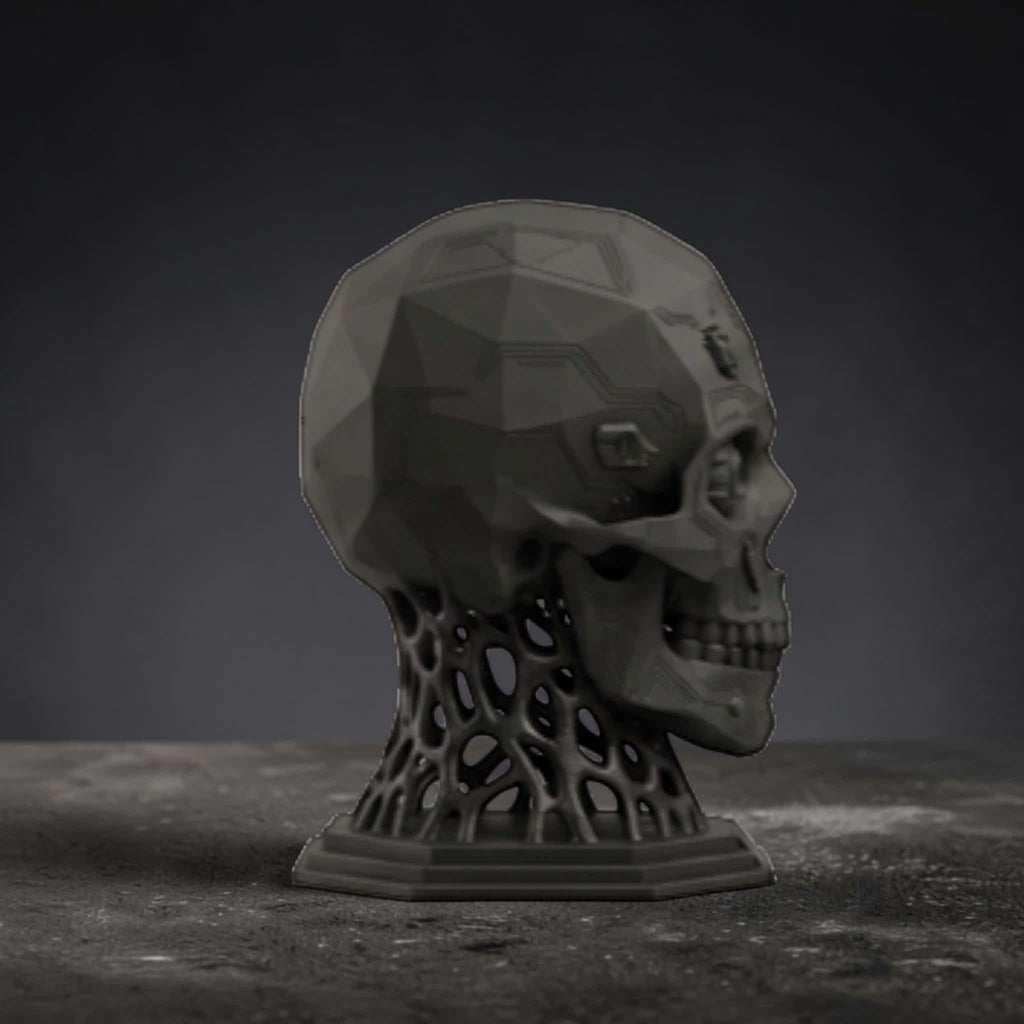 Happy3dWorld matte black mechanical skull headphone stand with cybernetic geometric details on a dark textured surface