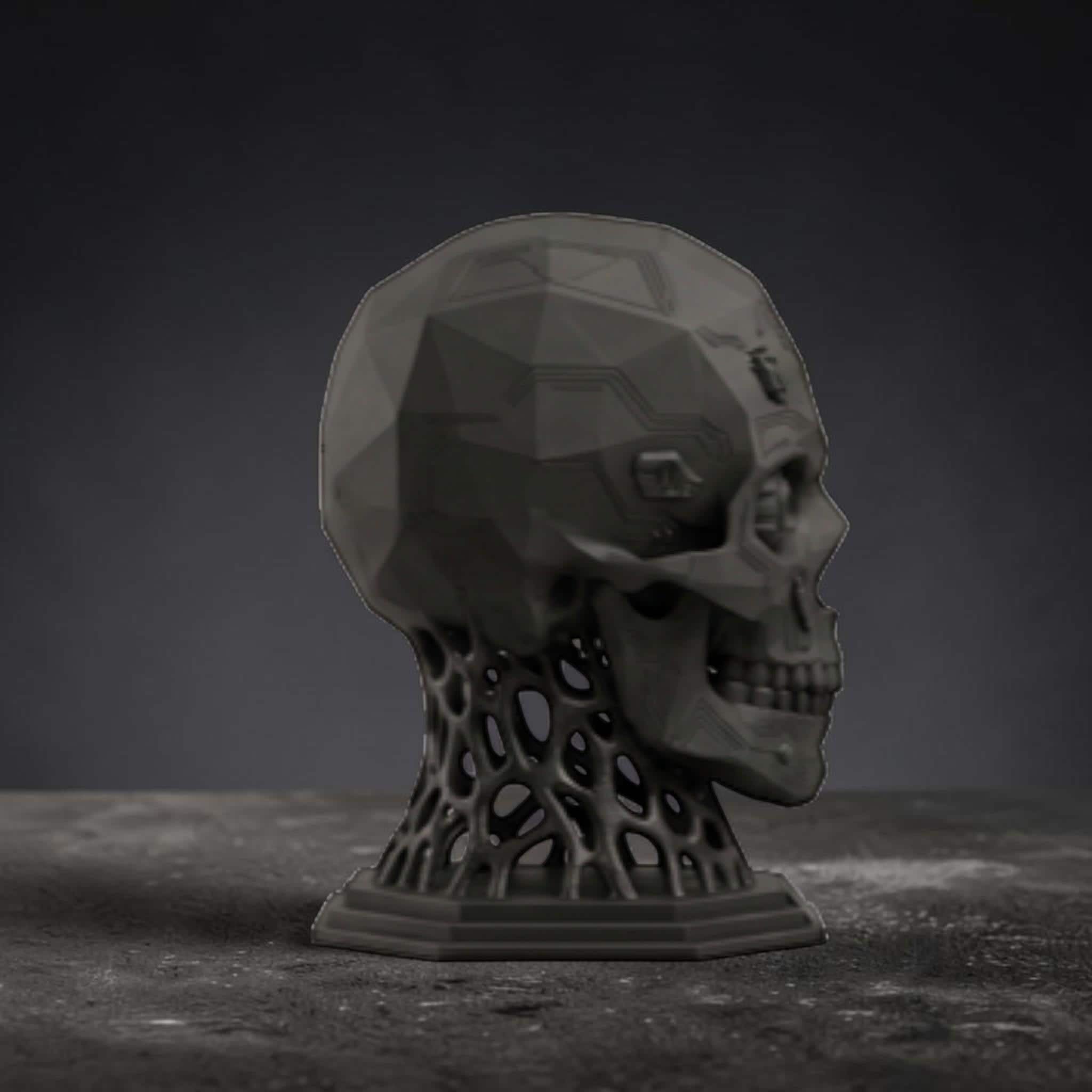 Happy3dWorld matte black mechanical skull headphone stand with cybernetic geometric details on a dark textured surface