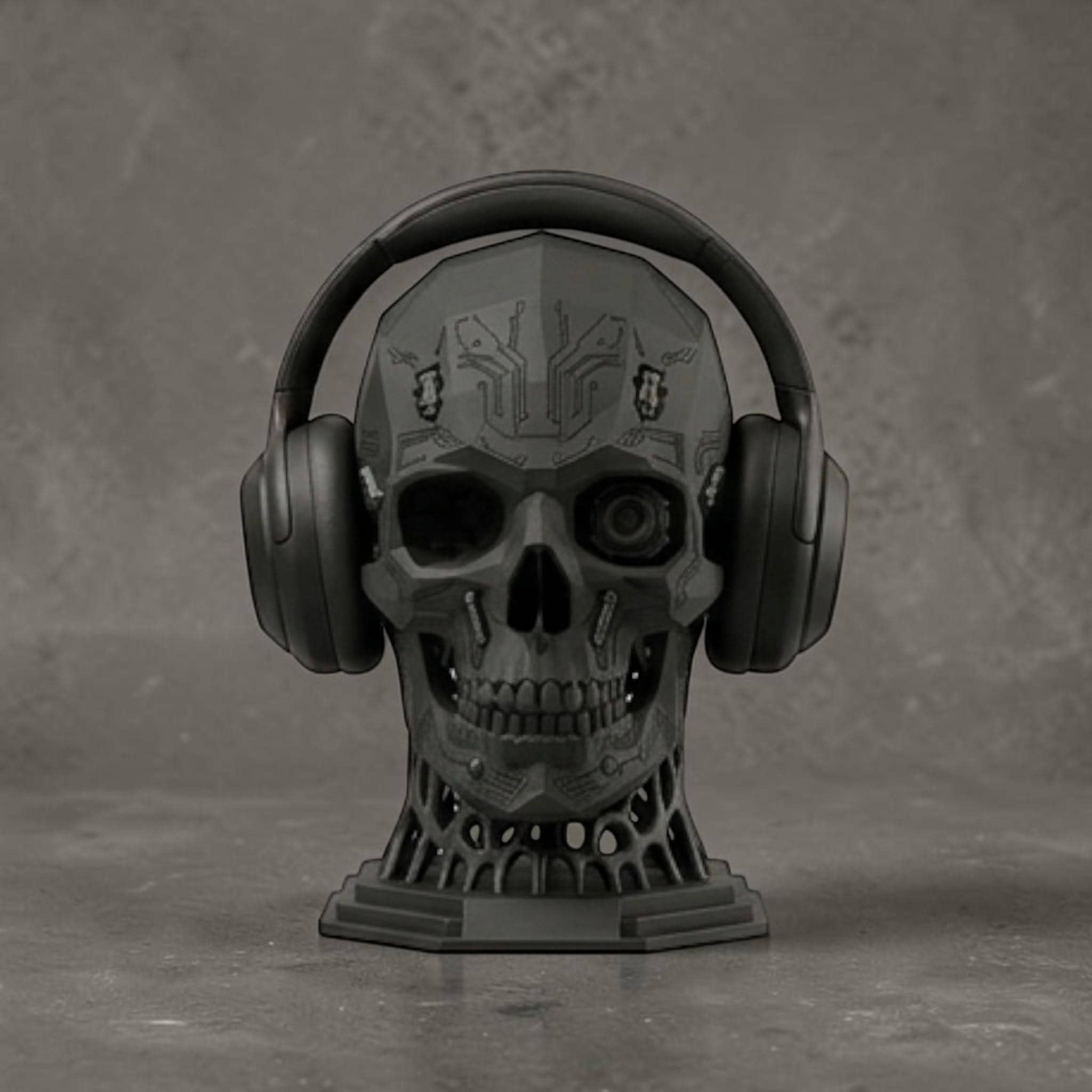 Happy3dWorld mechanical skull headphone stand in matte grey with cybernetic details for gaming desk decor.