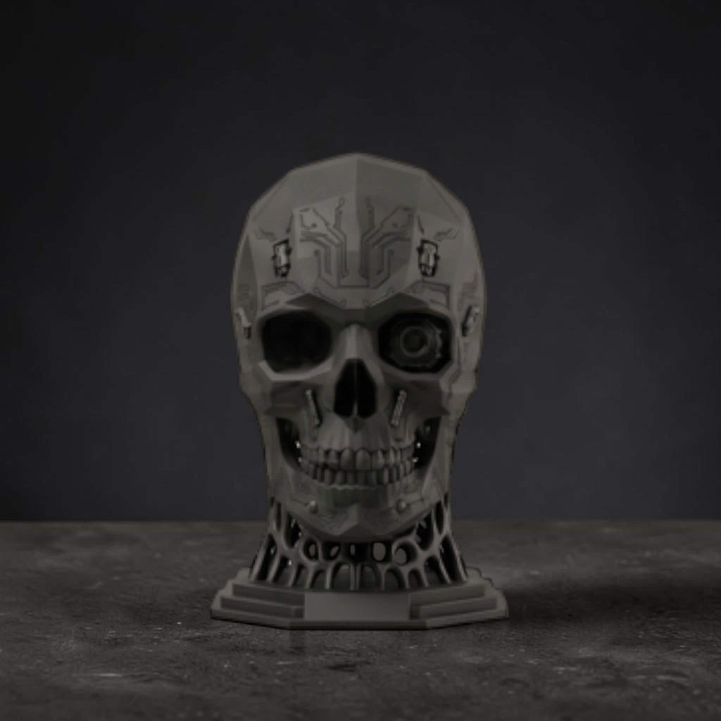 Happy3dWorld mechanical skull headphone stand with cyberpunk cybernetic eye design in matte grey 3D printed finish