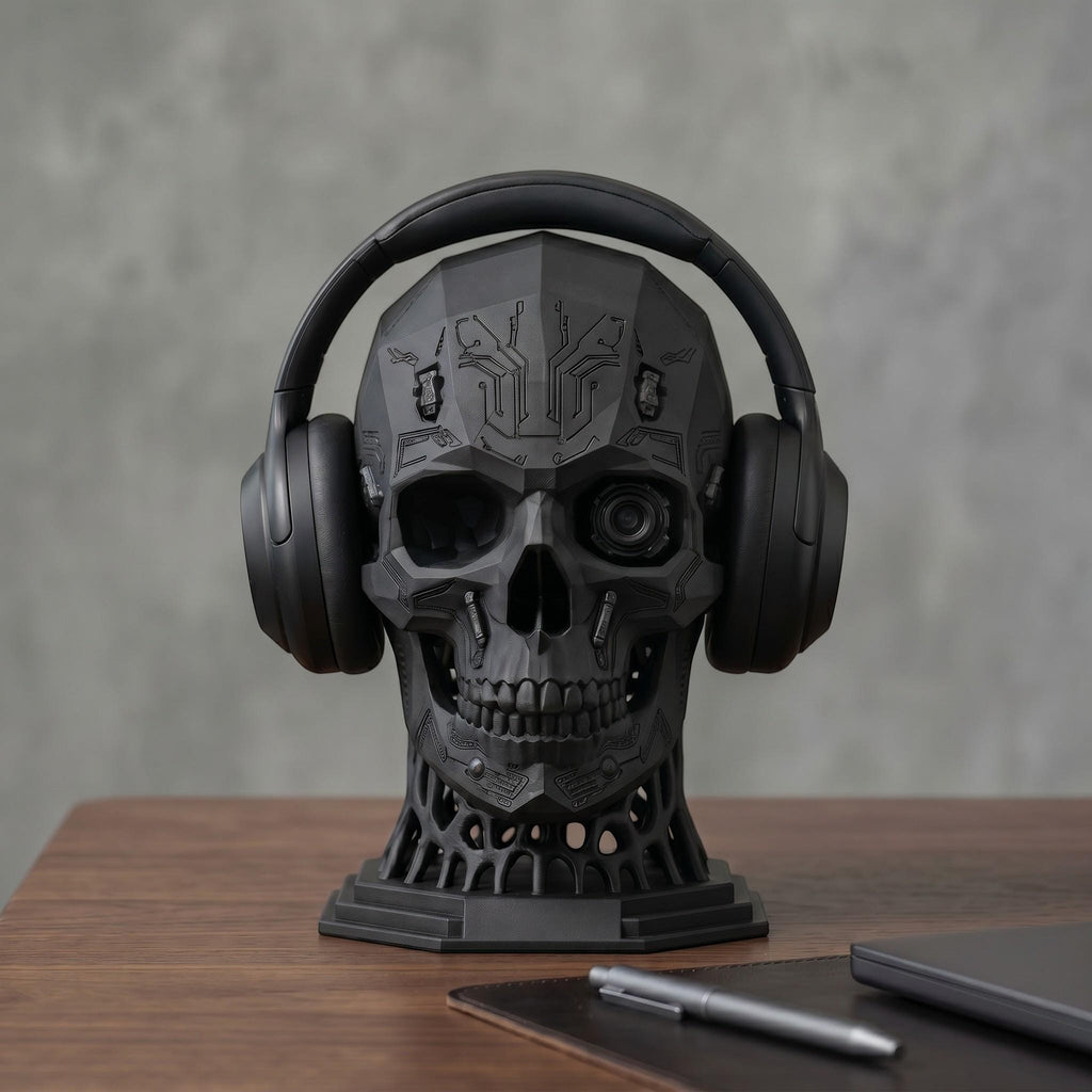 Happy3dWorld mechanical skull headphone stand with cybernetic eye design displaying black over-ear gaming headset