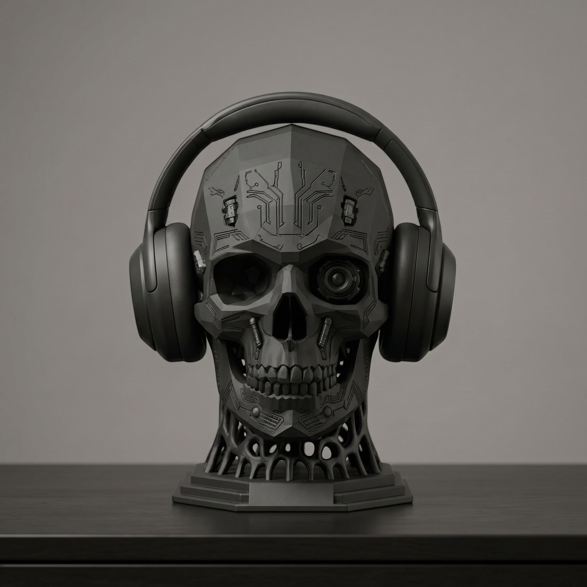Happy3dWorld matte black mechanical skull headphone stand with intricate cybernetic details and over-ear headset.