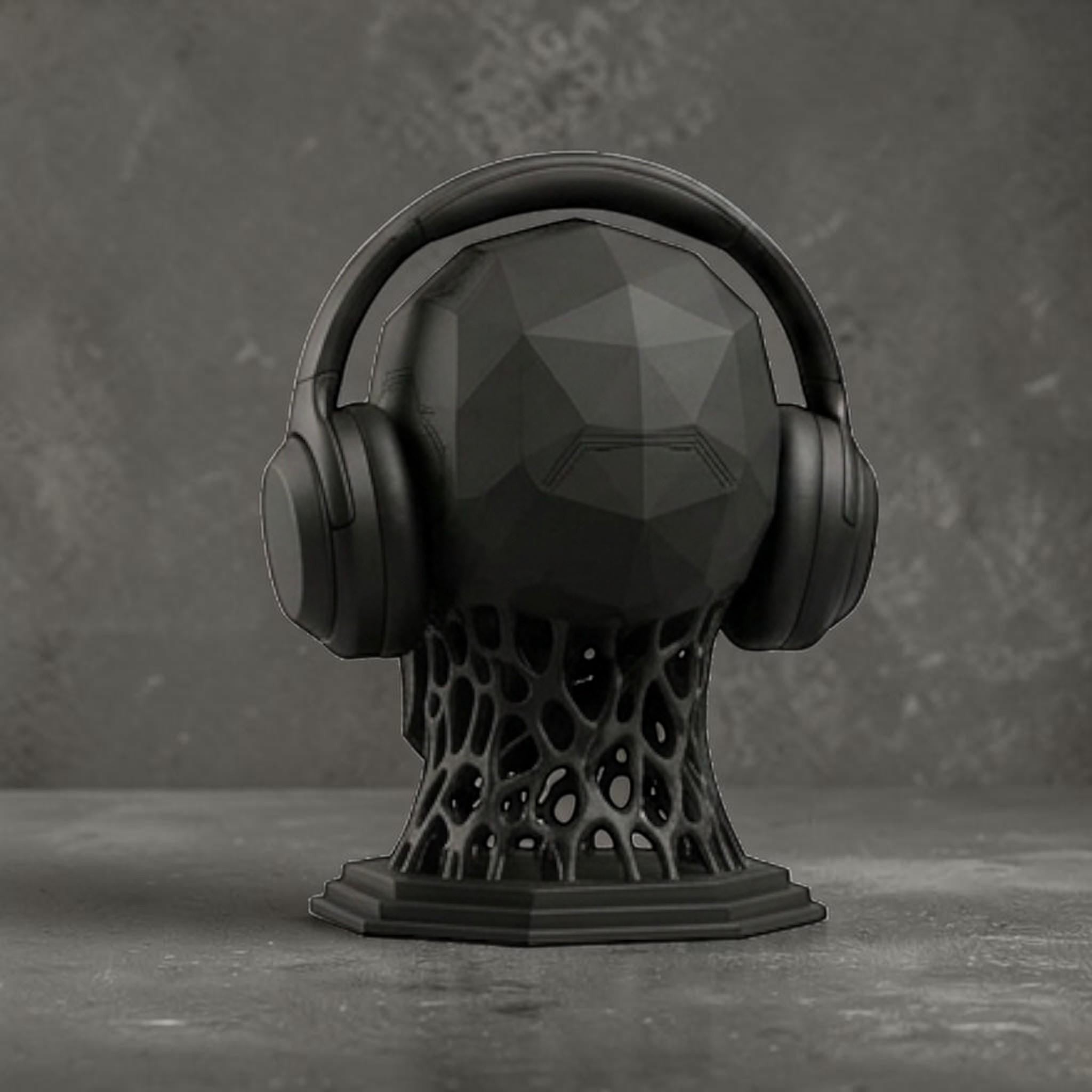 Happy3dWorld matte black mechanical skull headphone stand with geometric design and bio-mechanical base