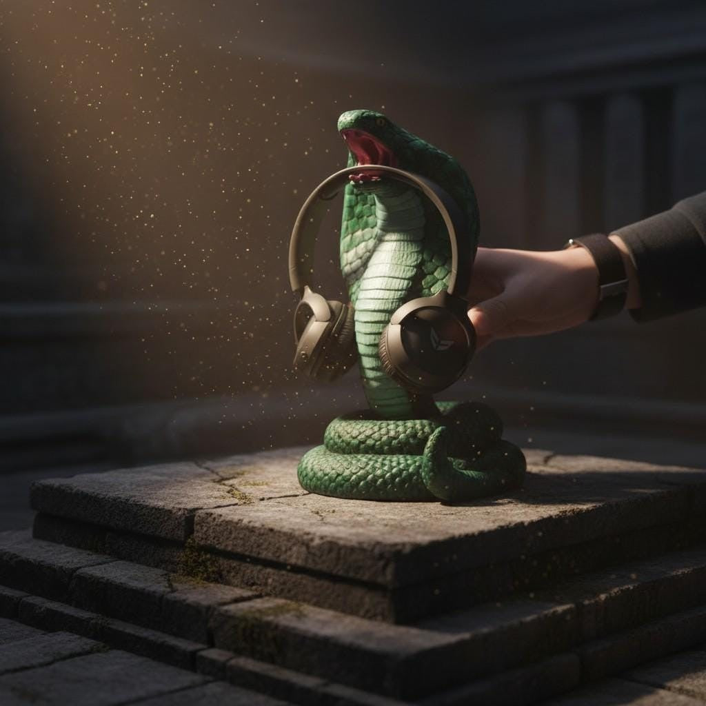 Happy3dWorld metallic green 3D printed king cobra headphone hanger displaying over-ear headset on a stone pedestal.