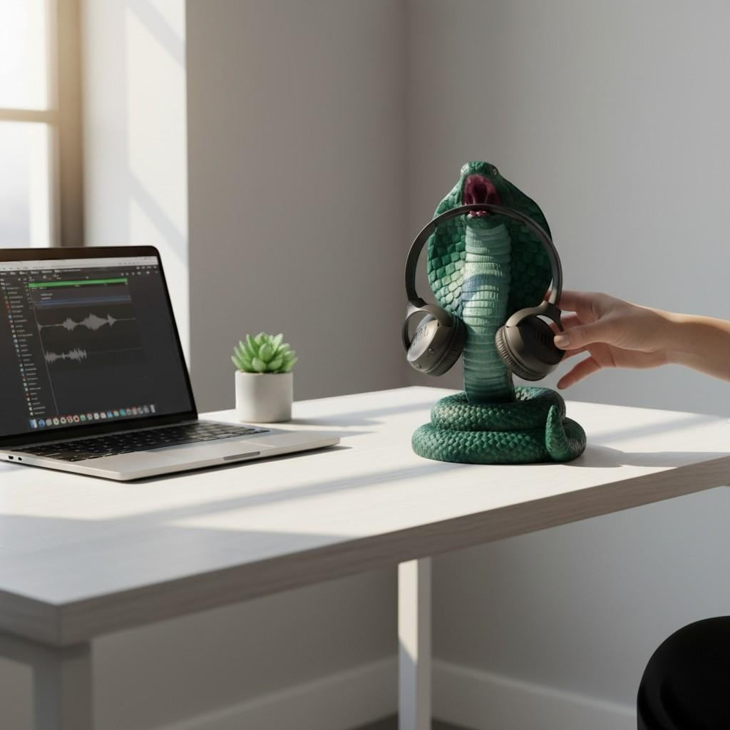Happy3dWorld metallic green 3D printed cobra headphone hanger holding a headset on a white desk in a home office
